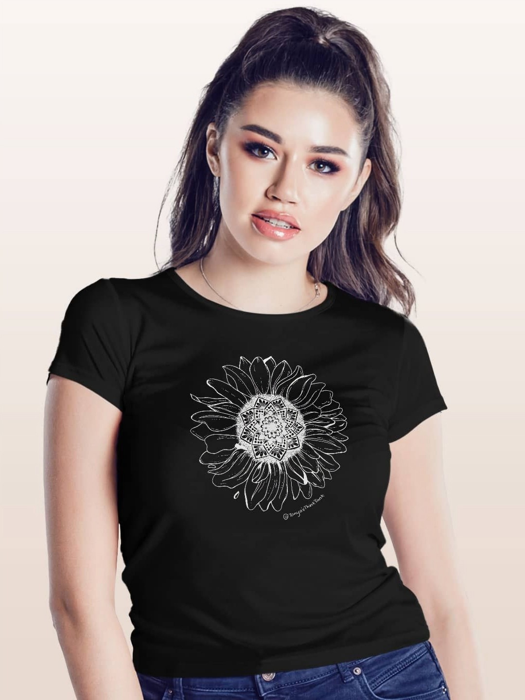 

macmerise Women Printed Applique T-shirt, Black
