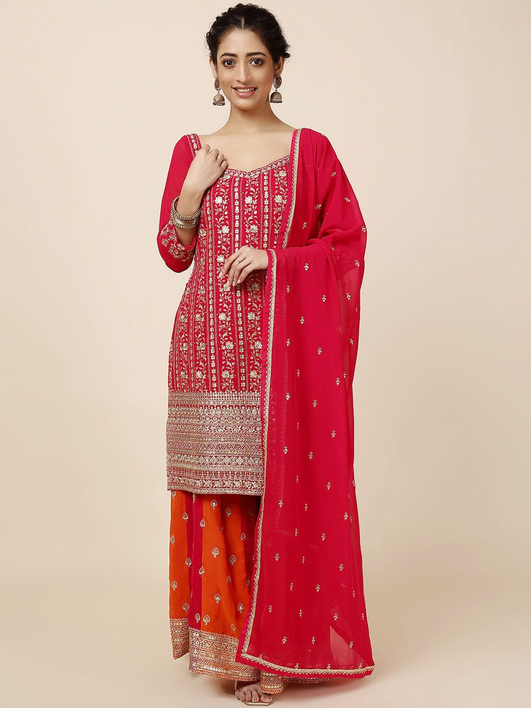 

Meena Bazaar Floral Embroidered Sequinned Straight Kurta With Sharara & Dupatta, Pink
