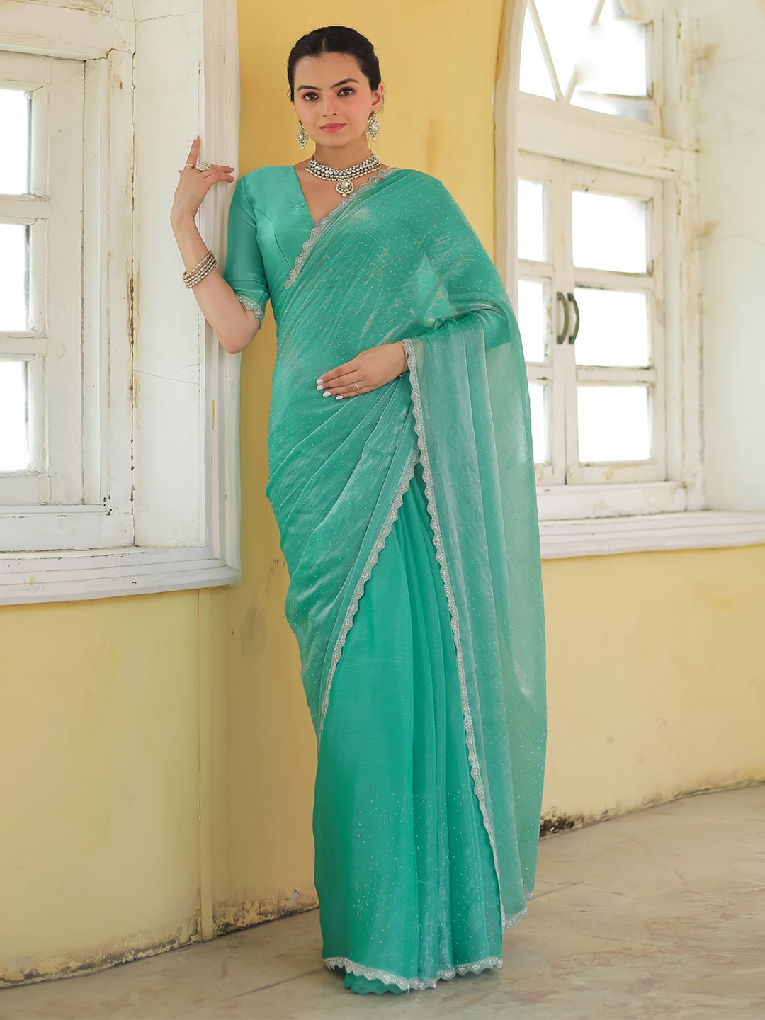 

Mitera Embellished Mukaish Organza Saree, Sea green