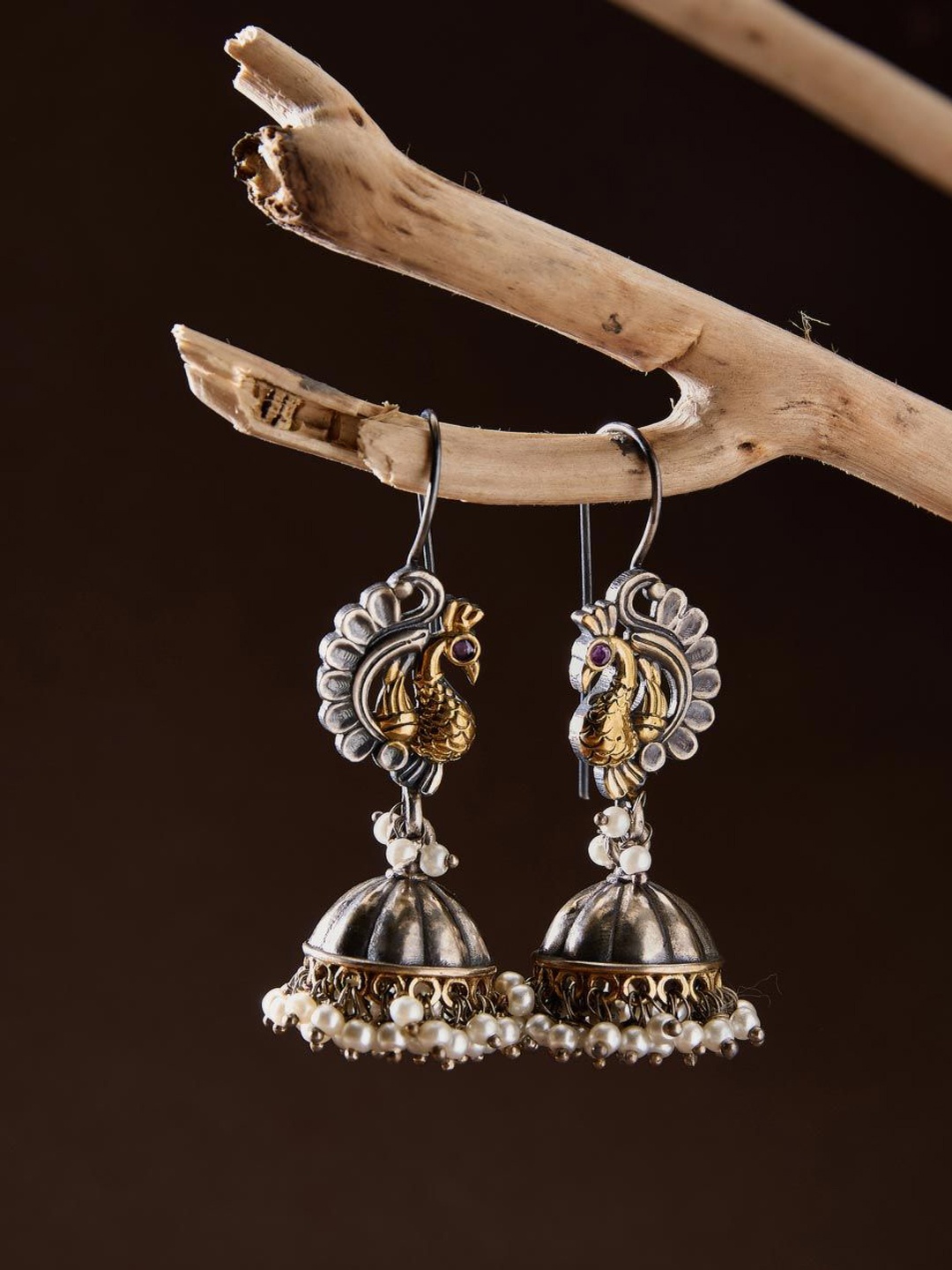 

Fabindia Stone-Studded & Beaded Dome Shaped Jhumkas, Silver