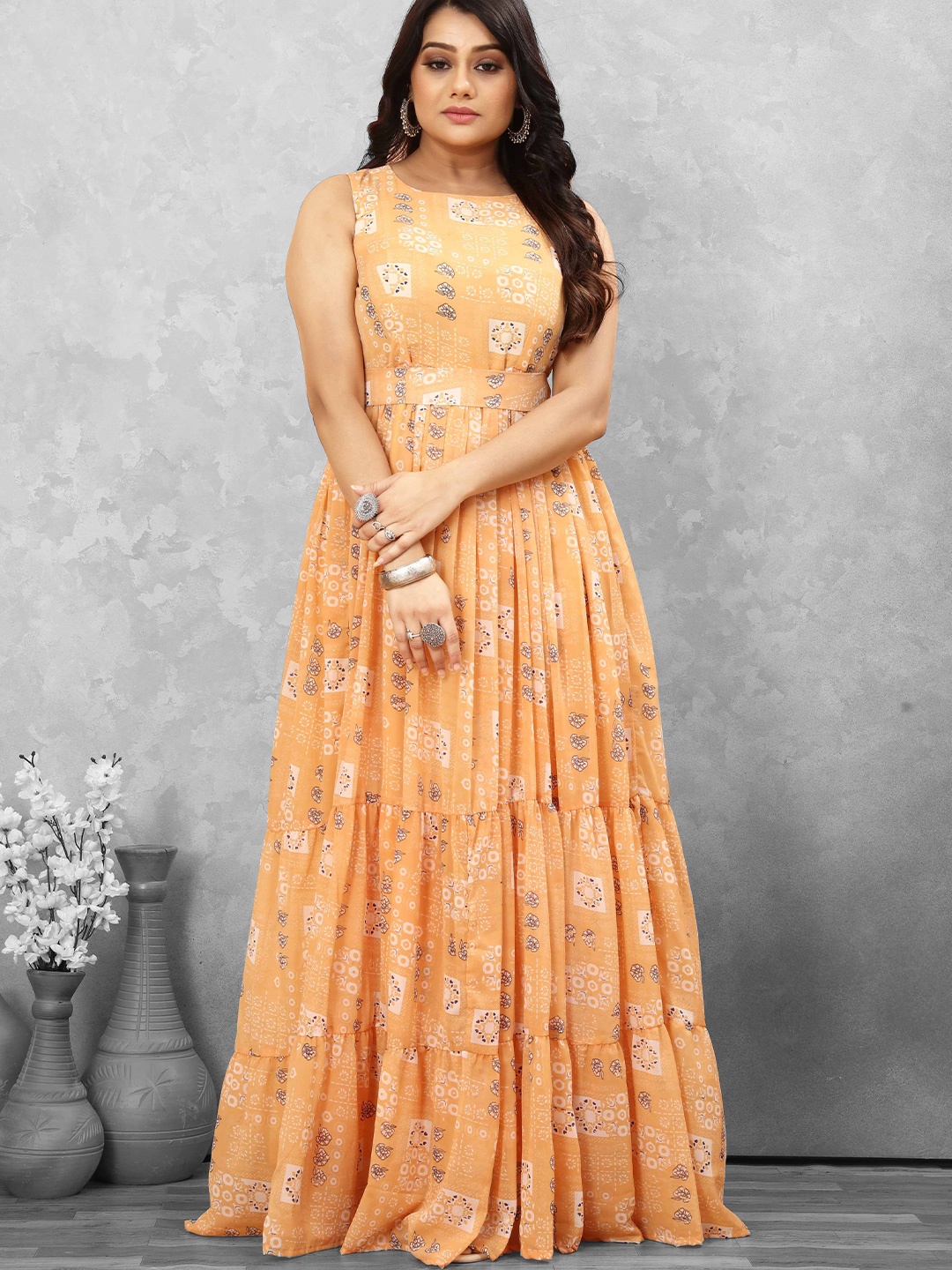 

CHANSI GeometricFit & Flare Tiered Maxi Dress, Peach