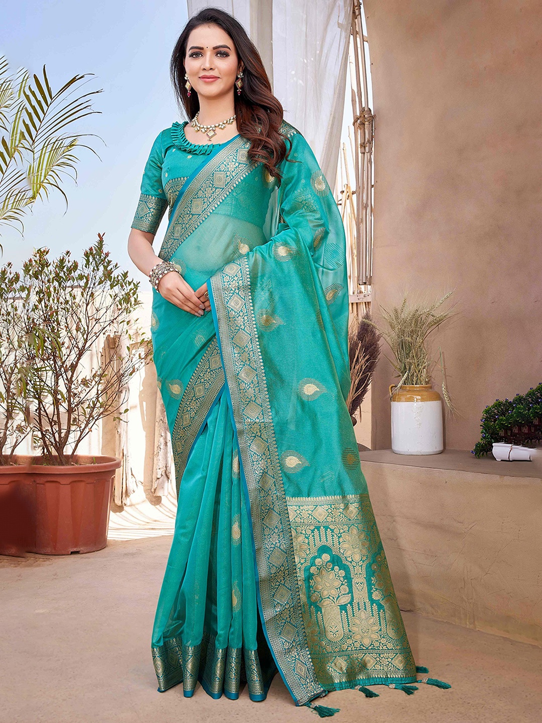 

HEER FASHION Woven Design Zari Organza Banarasi Saree, Sea green