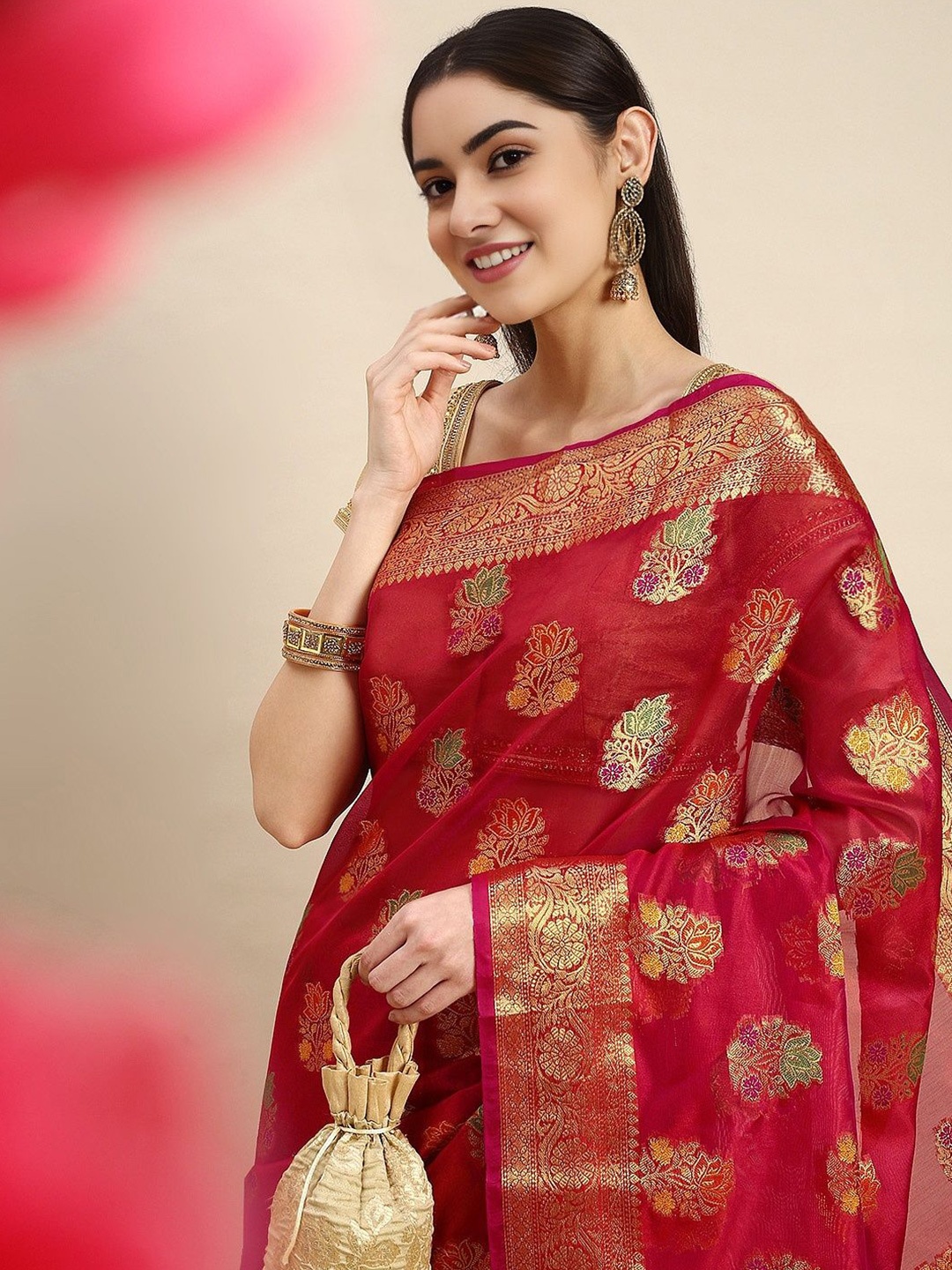 

KALINI Ethnic Motifs Zari Woven Banarasi Saree, Red