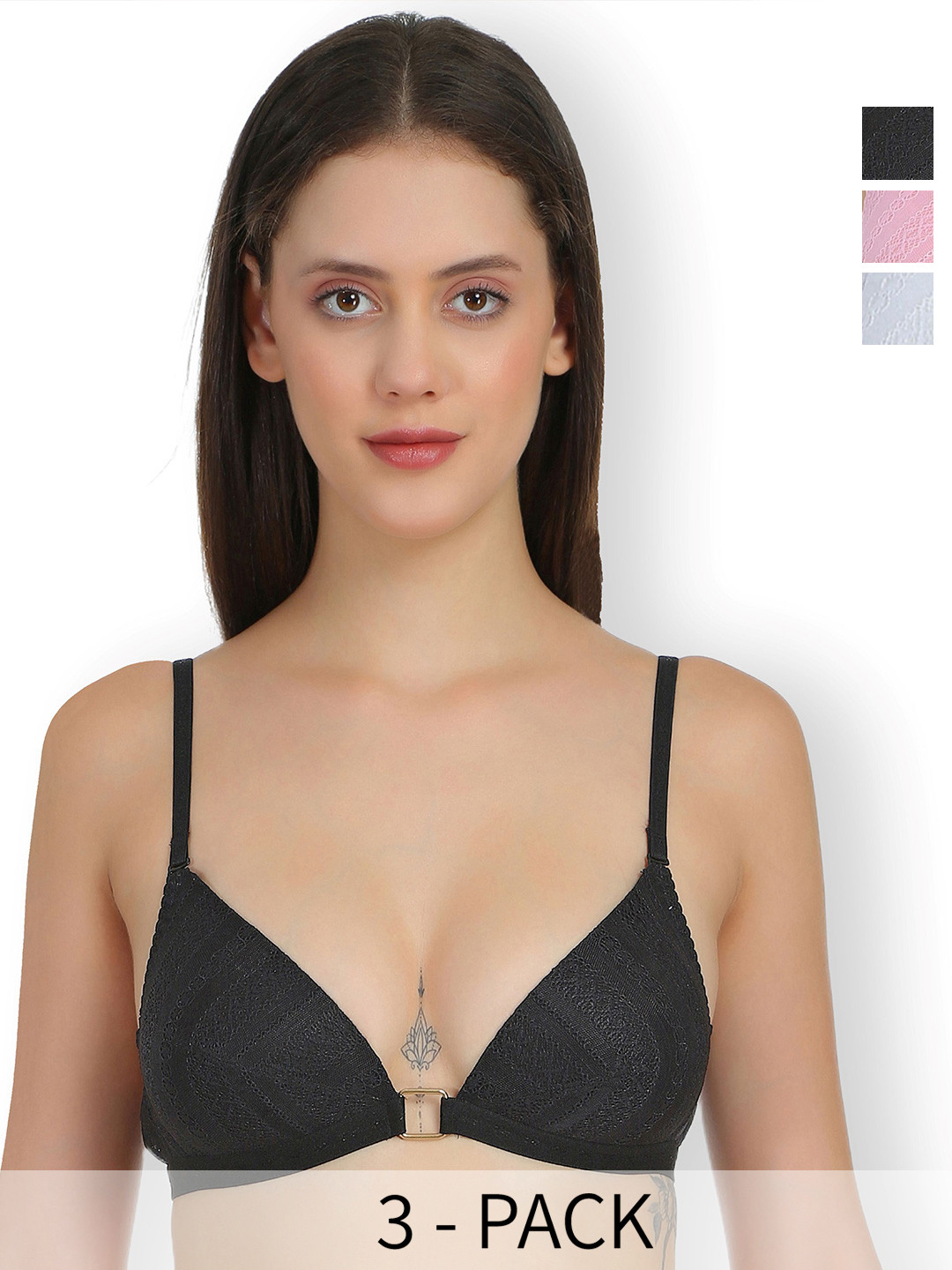 

SELFCARE Women Pack Of 3 Half Coverage Lightly Padded Bra, Black