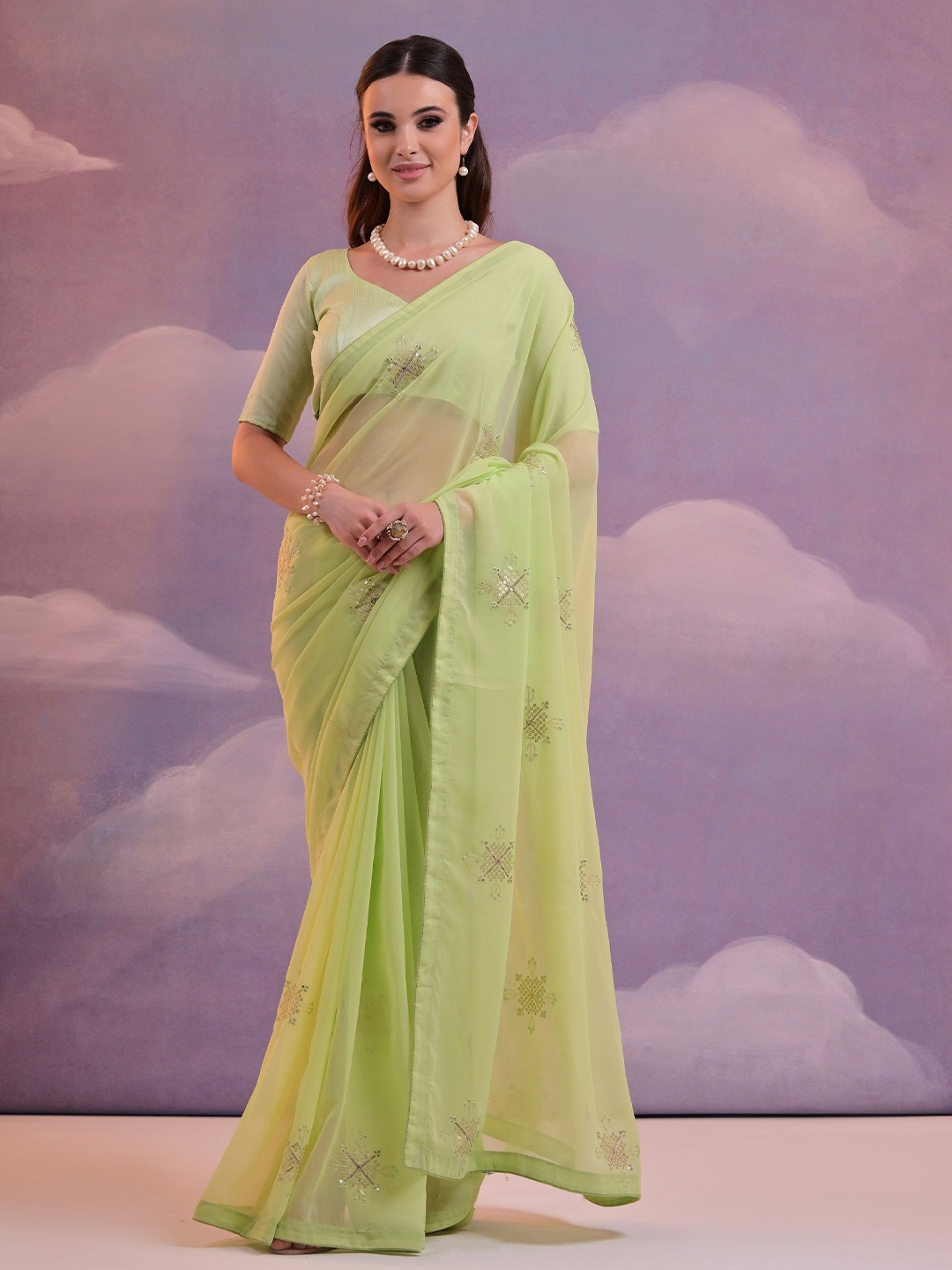 

QVAZOR Ethnic Motifs Sequinned Pure Georgette Saree, Lime green