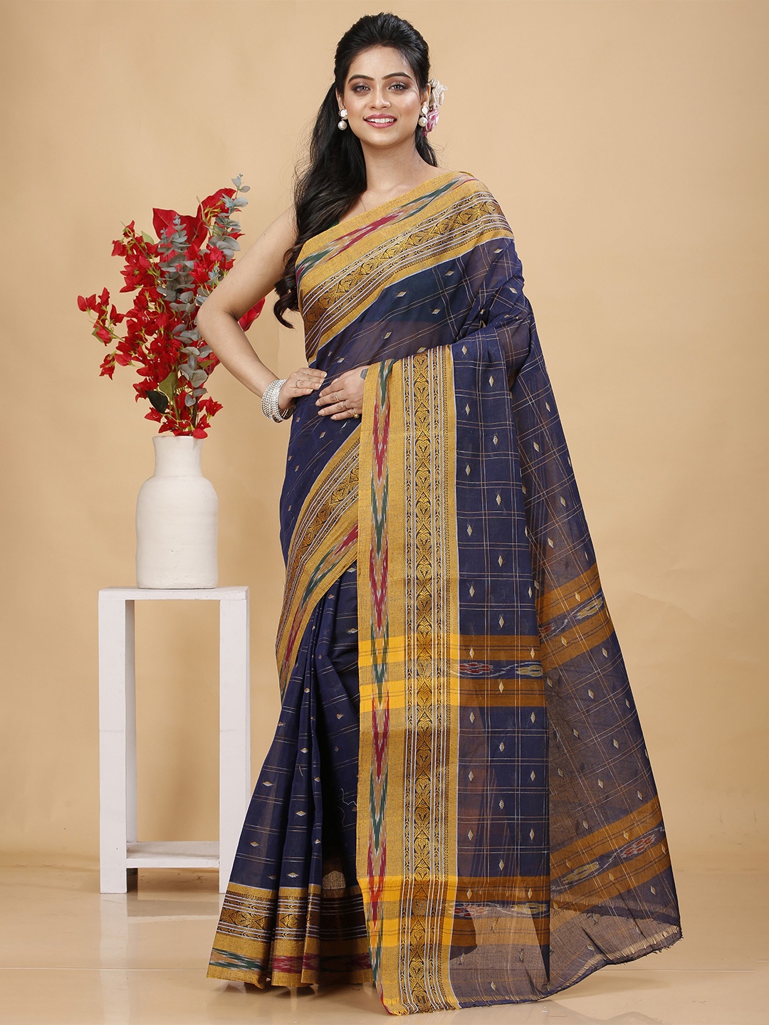 

SLAGHA Taant Pure Cotton Checked Traditional Saree, Navy blue