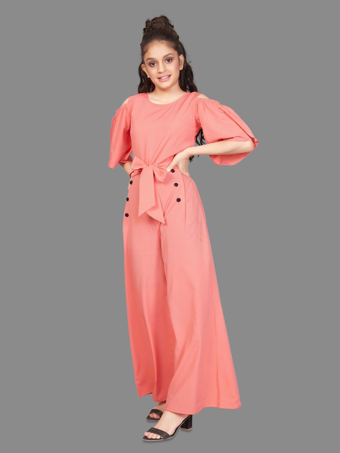 

BAESD Girls Round neck Falred Sleeves Culotte Jumpsuit, Peach