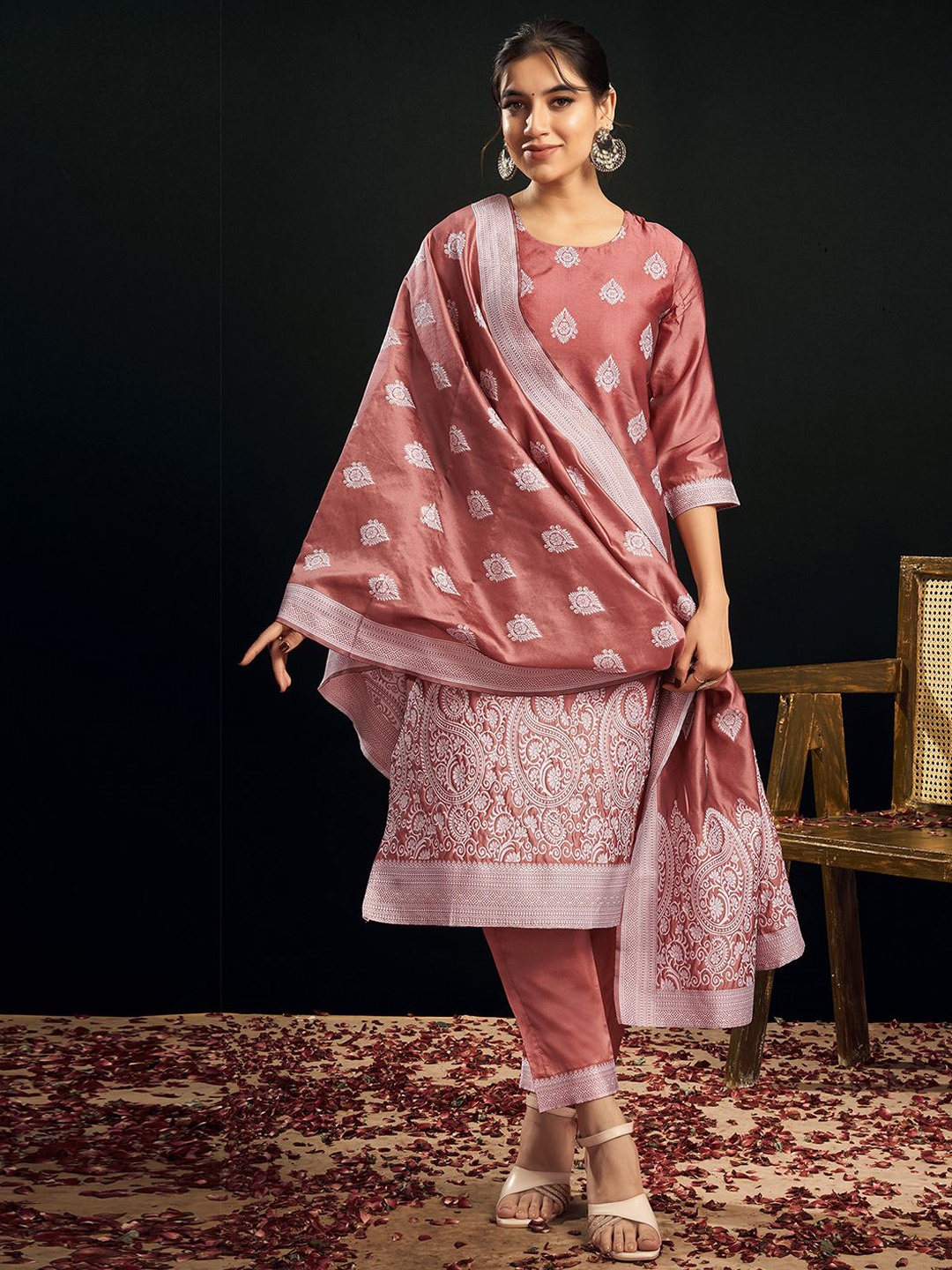 

KALINI Ethnic Motifs Woven Design Straight Kurta With Trousers & Dupatta, Pink