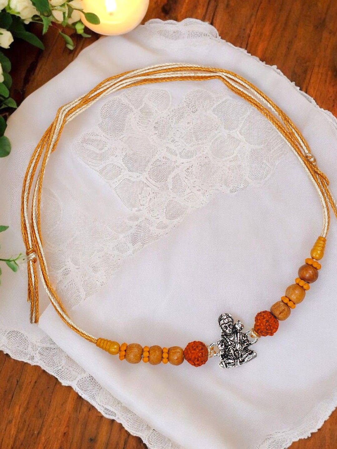 

Taraash 925 Sterling Silver Hanuman Motif With Rudraksha Beaded Thread Rakhi, Brown