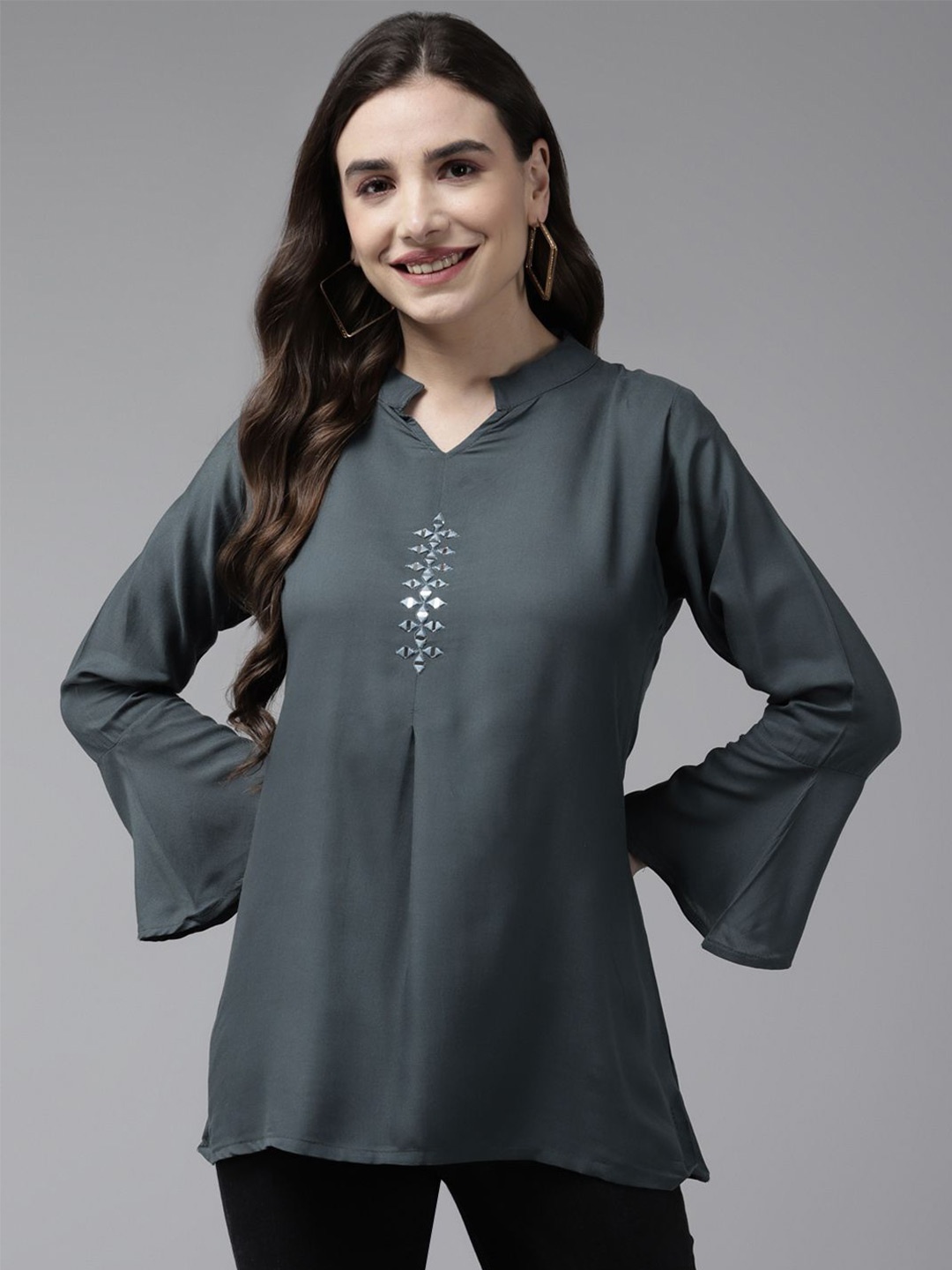 

BAESD Mandarin Collar Bell Sleeve Georgette Top, Grey