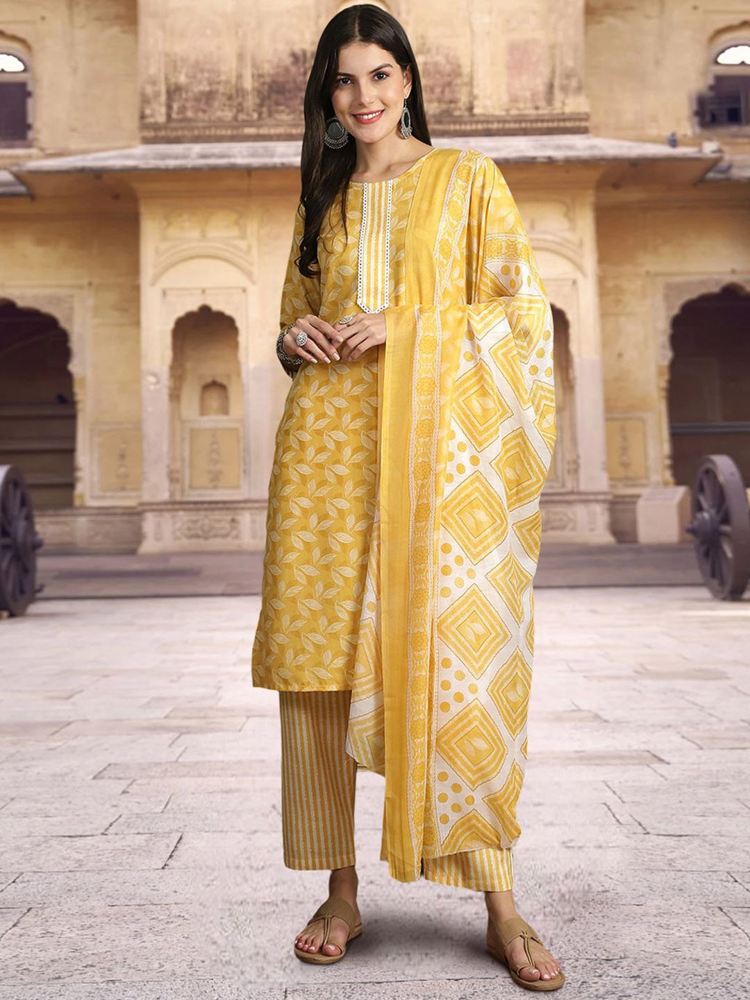 

1 Stop Fashion Floral Printed Pure Cotton Straight Kurta with Trousers & Dupatta, Yellow
