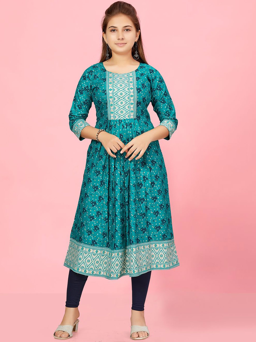 

BAESD Girls Floral Printed Cotton A-Line Kurta, Sea green