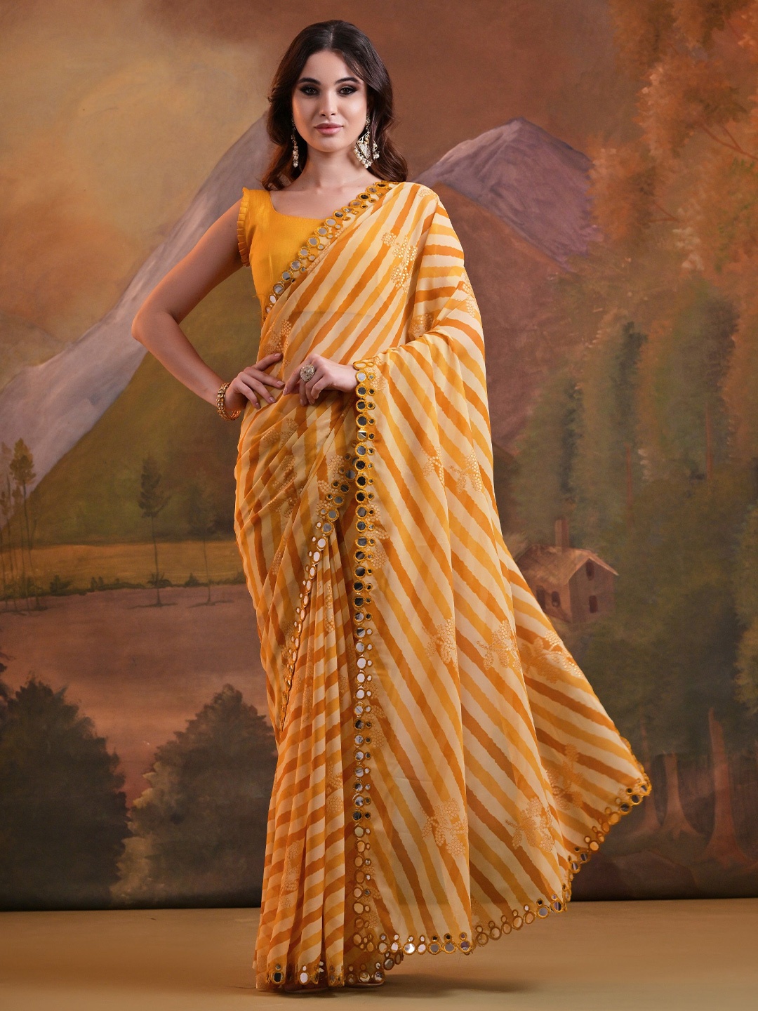 

QVAZOR Mirror Work Pure Georgette Leheriya Saree, Yellow