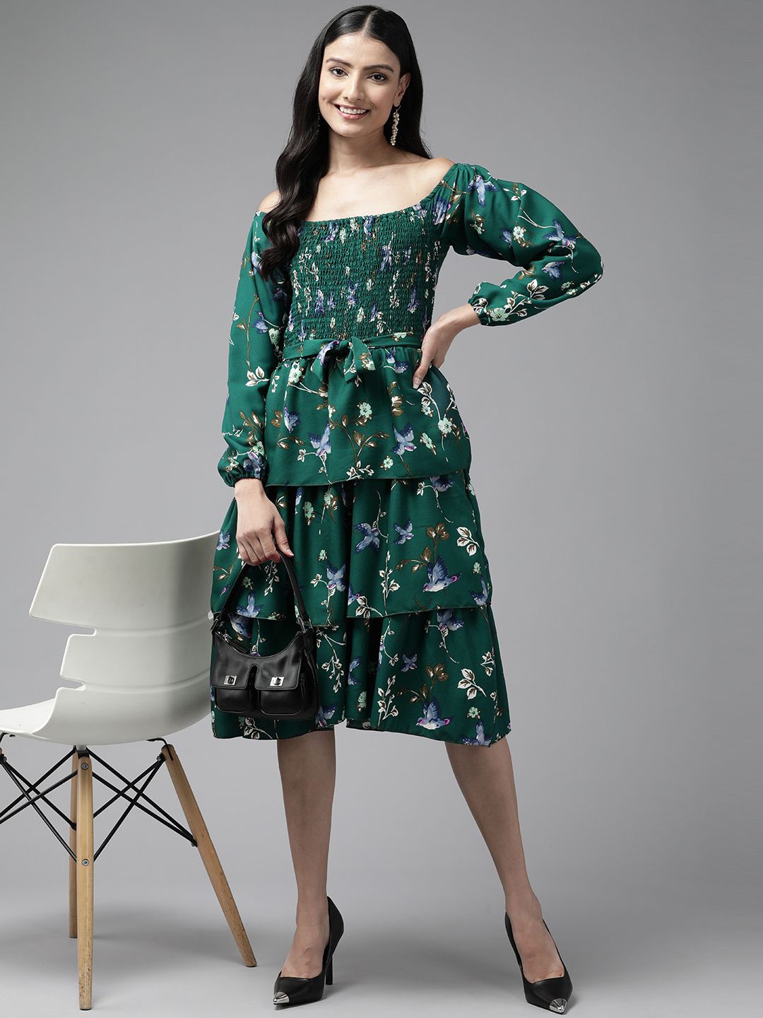 

BAESD Floral Printed Off-Shoulder Puff Sleeve Georgette A-Line Dress, Green