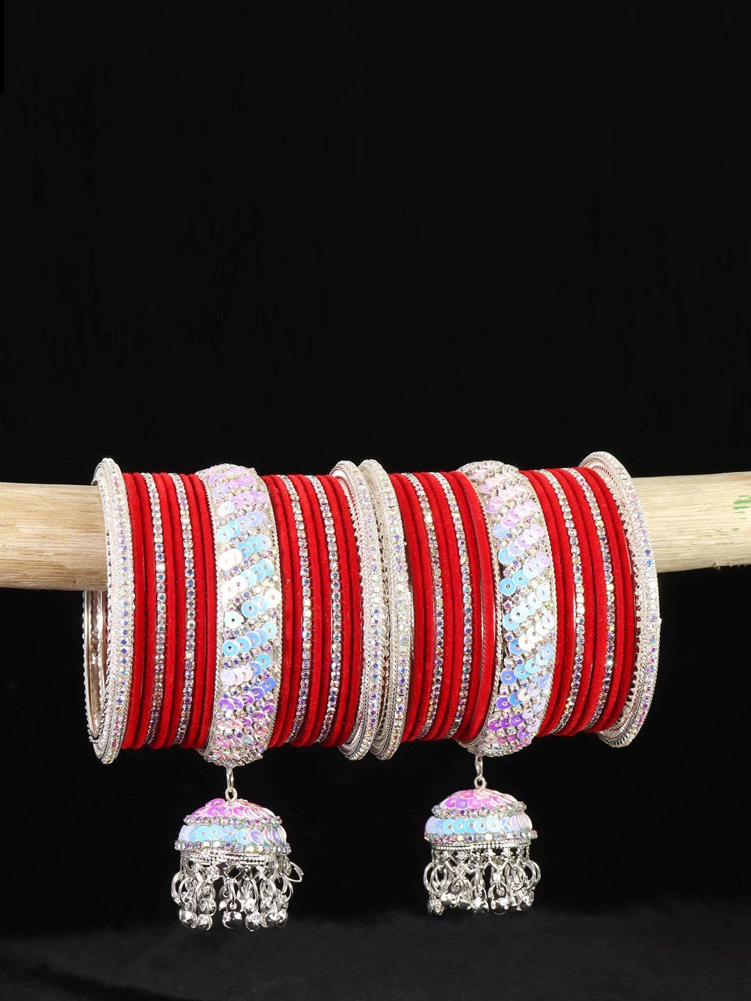 

NMII Set of 38 Zircon Stone -Studded Latkan Bangles, Silver