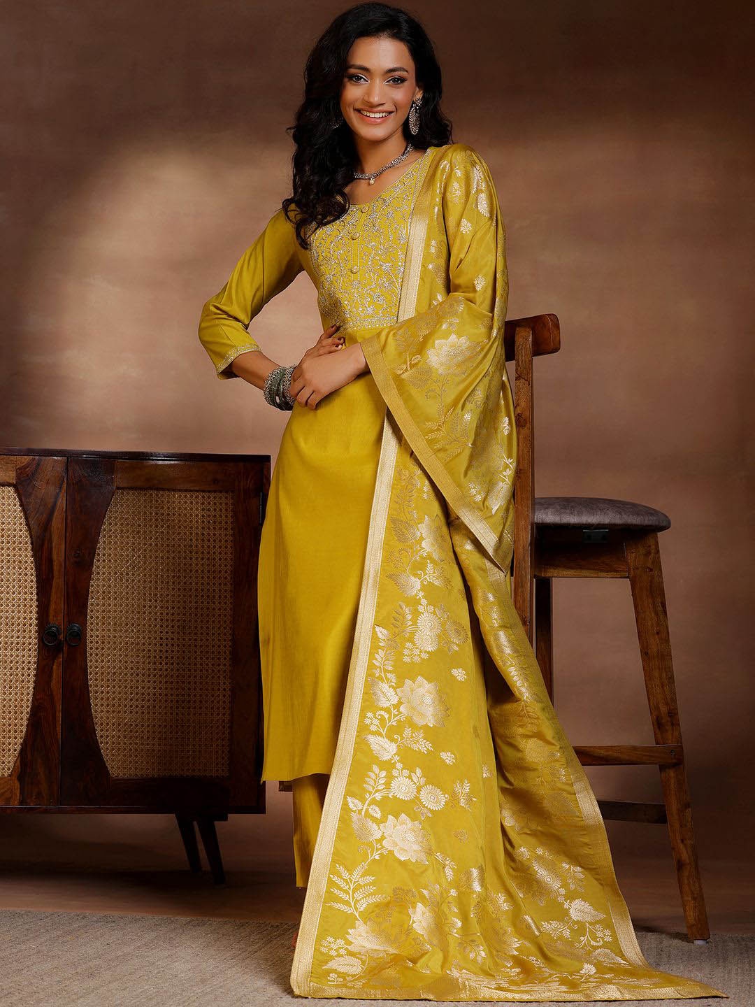 

Libas Floral Yoke Design Zari Work Straight Kurta With Trousers & Dupatta, Mustard