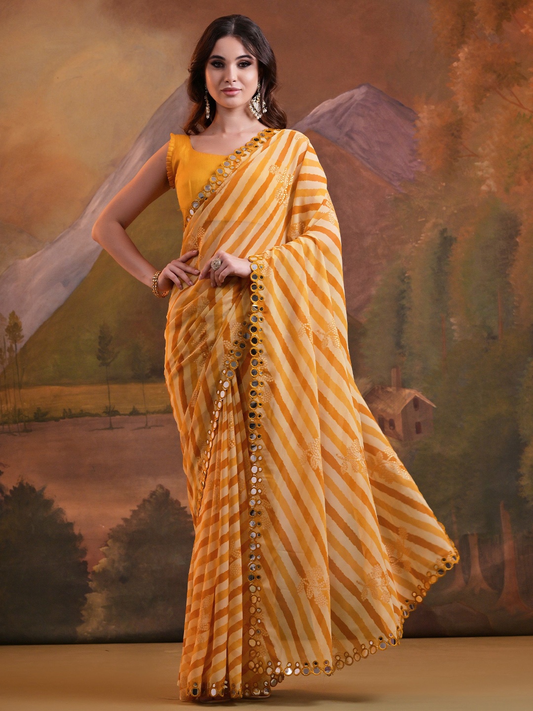 

QVAZOR Leheriya Pure Georgette Mirror Work Embellished Traditional Saree, Yellow