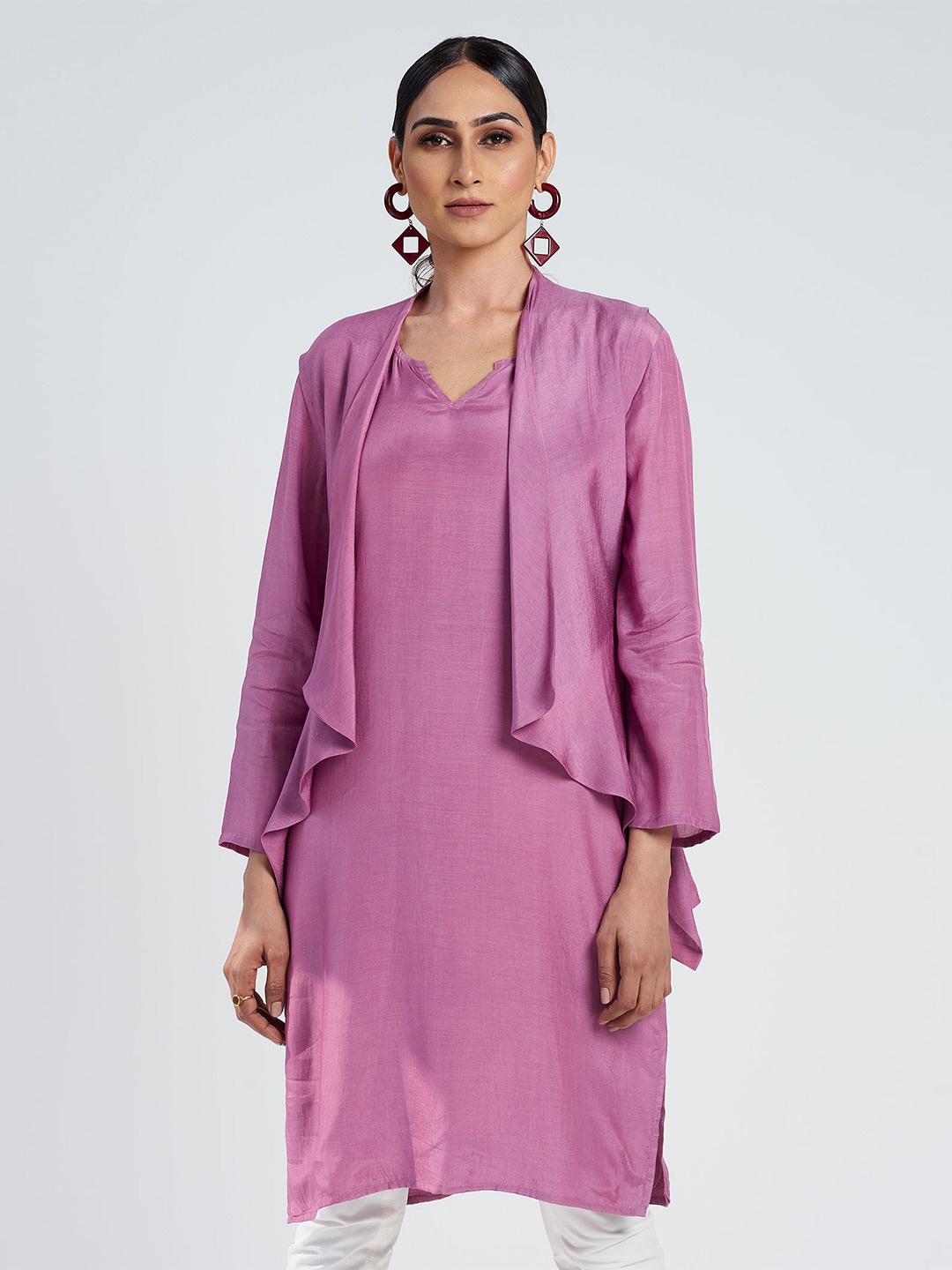 

SEVENDC Mandarin Collar Flared Sleeve Cotton Longline Top, Multi