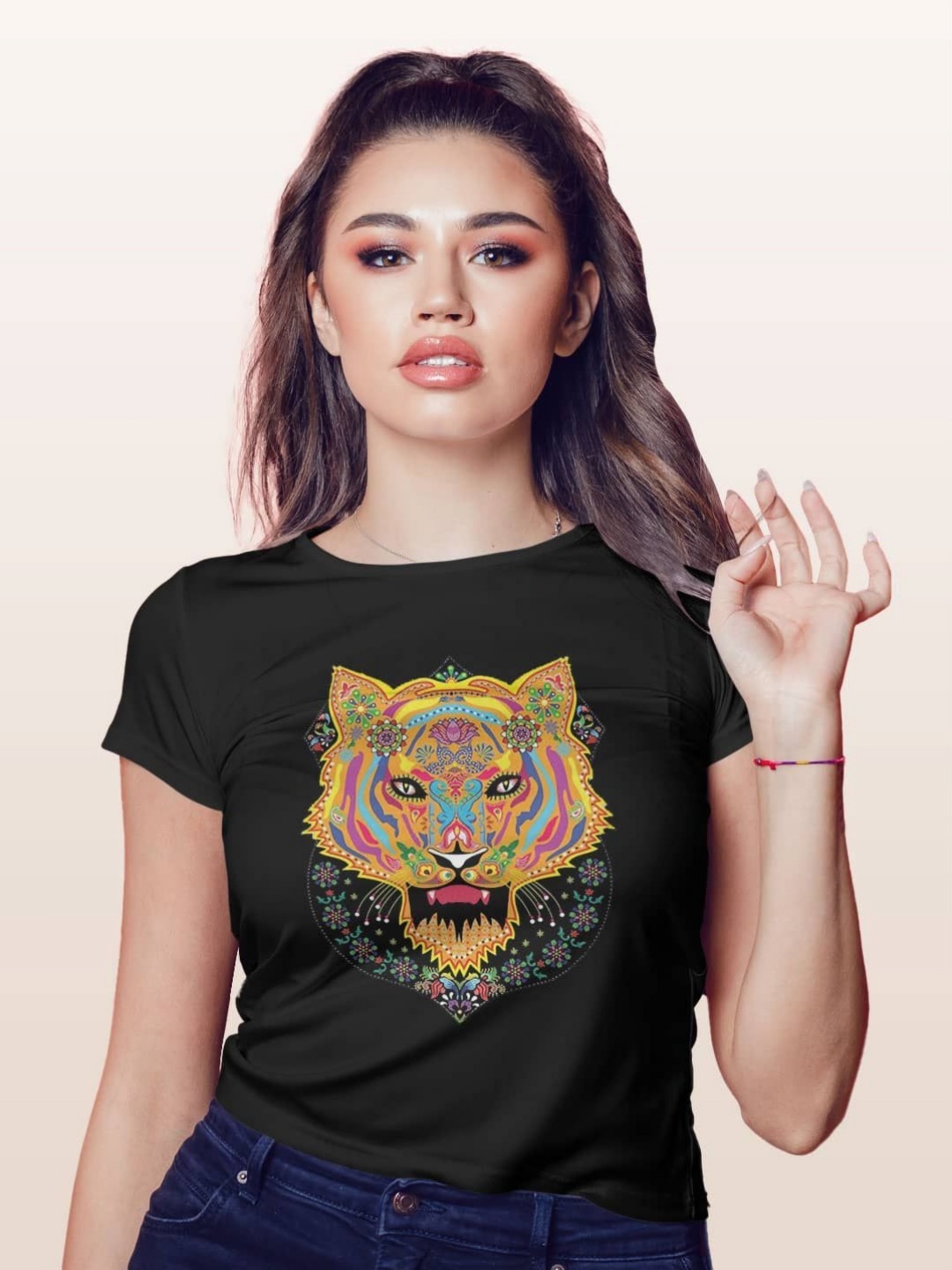 

macmerise Women Printed Extended Sleeves T-shirt, Black