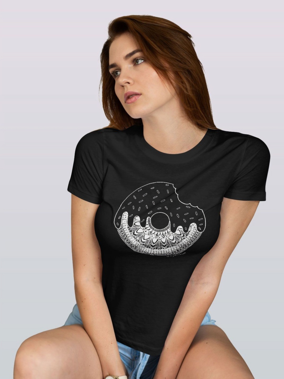 

macmerise Women Printed Monochrome Applique T-shirt, Black