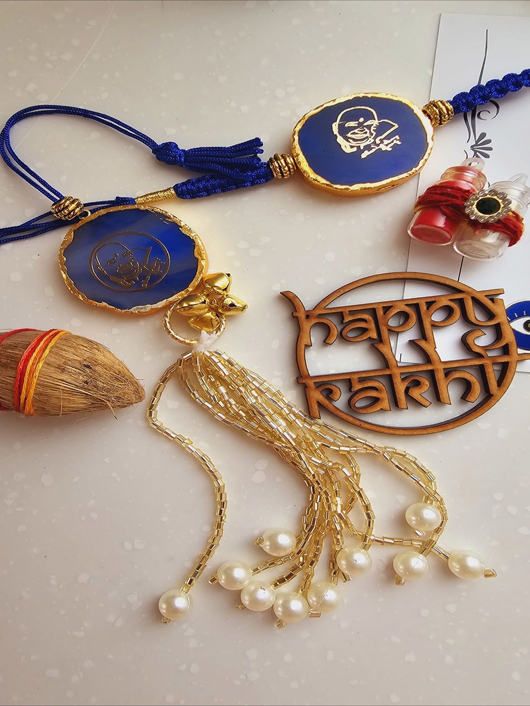 

HOMEARTE Textured Agate Stone Bhaiya Bhabhi Thread Rakhi, Blue