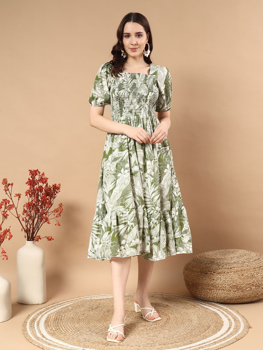 

DEKLOOK Floral Print Crepe Fit & Flare Midi Dress, Green