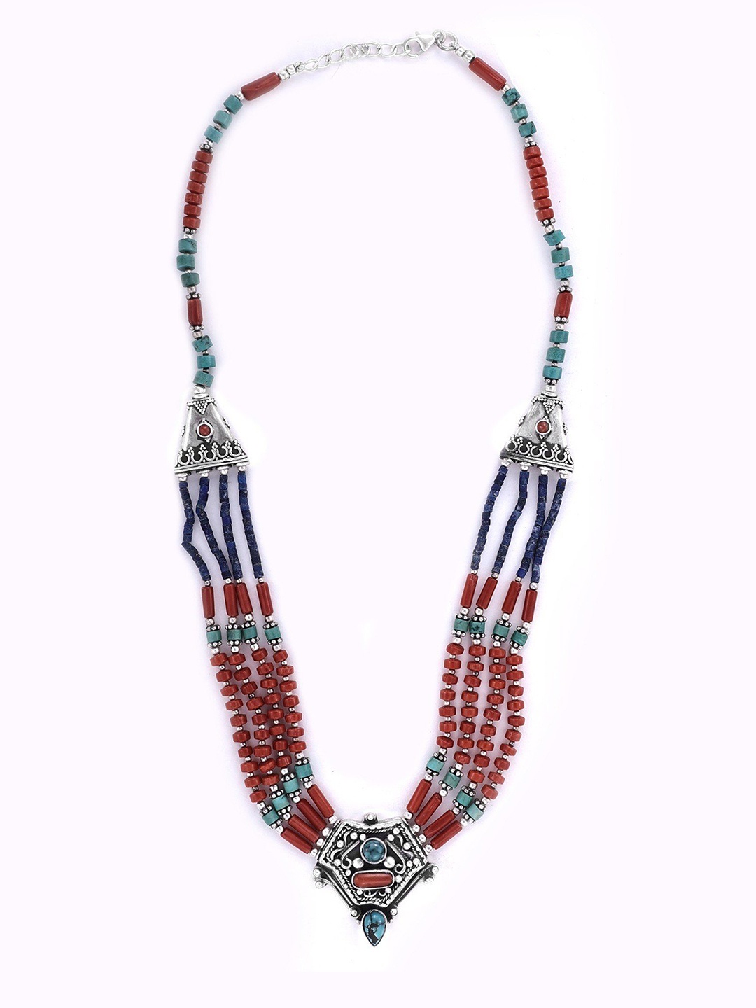 

Exotic India Coral and Turquoise Stone Designer Sterling Silver Necklace