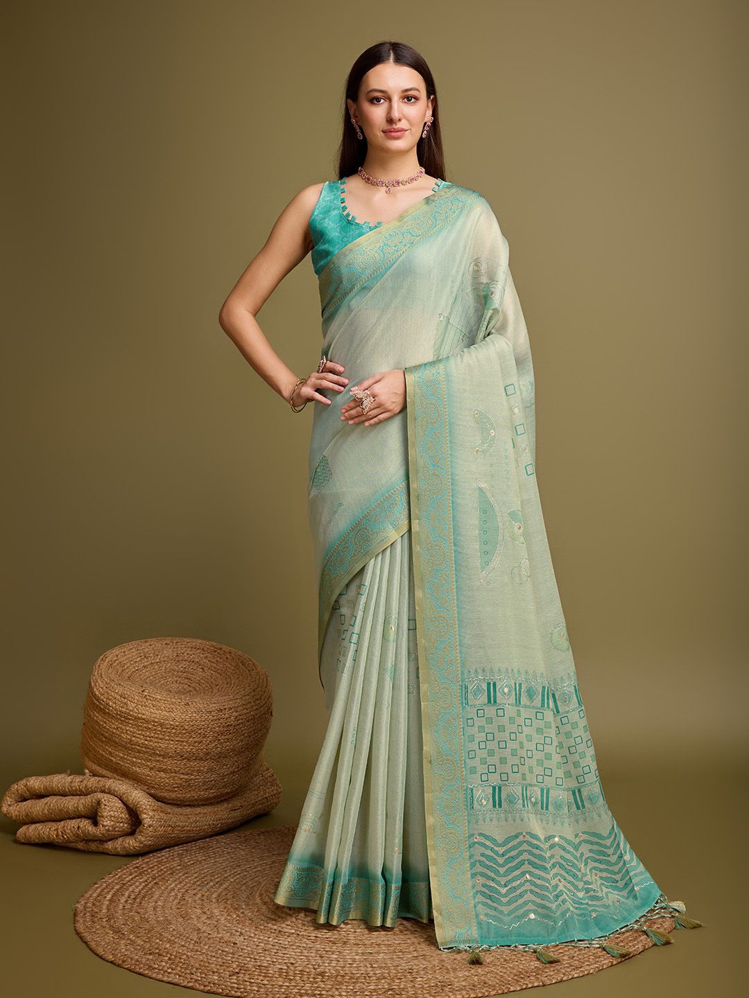 

Ishin Woven Design Embroidered Saree With Blouse Piece, Teal