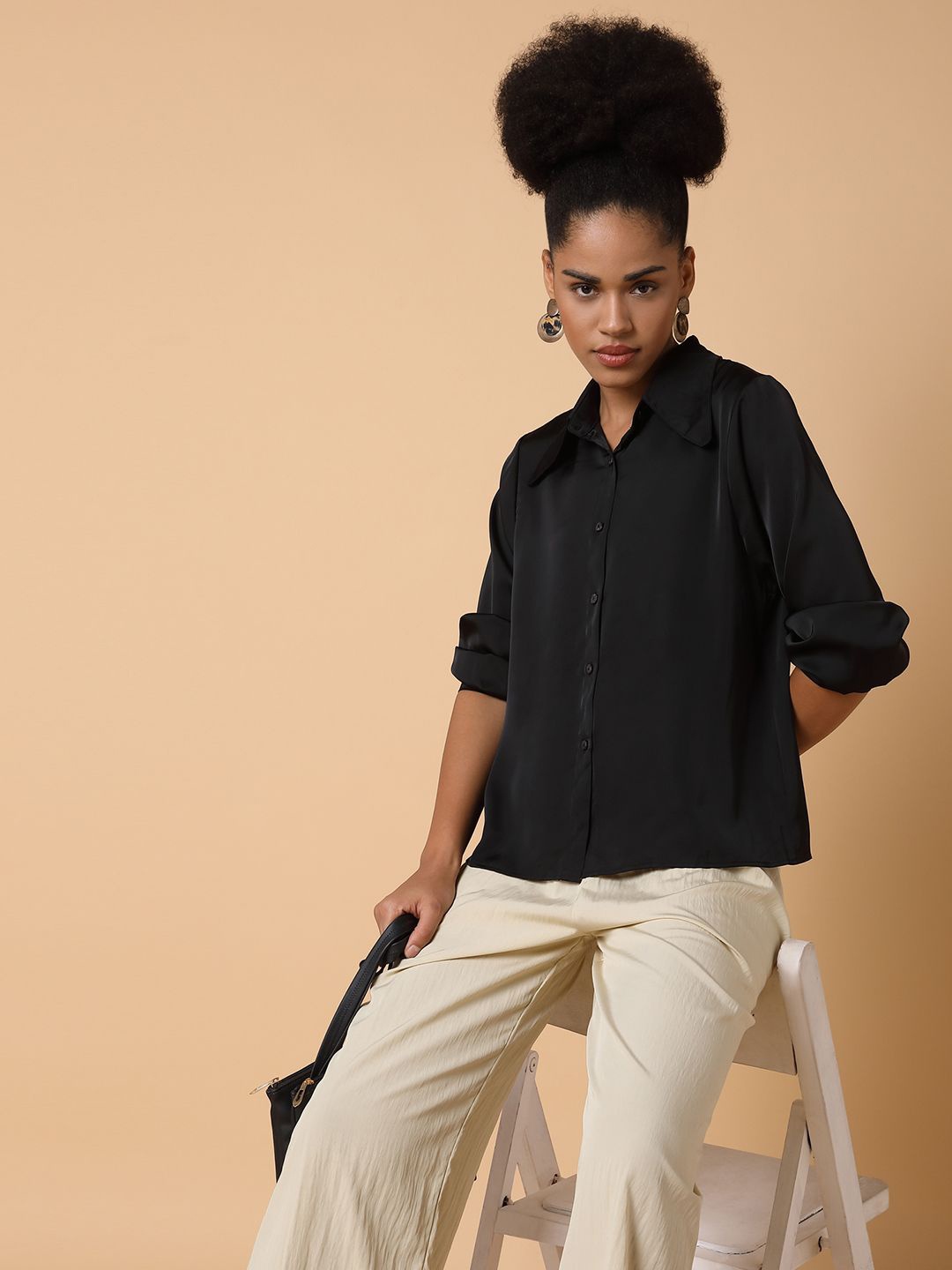 

SHOWOFF Women Comfort Spread Collar Solid Satin Casual Shirt, Black