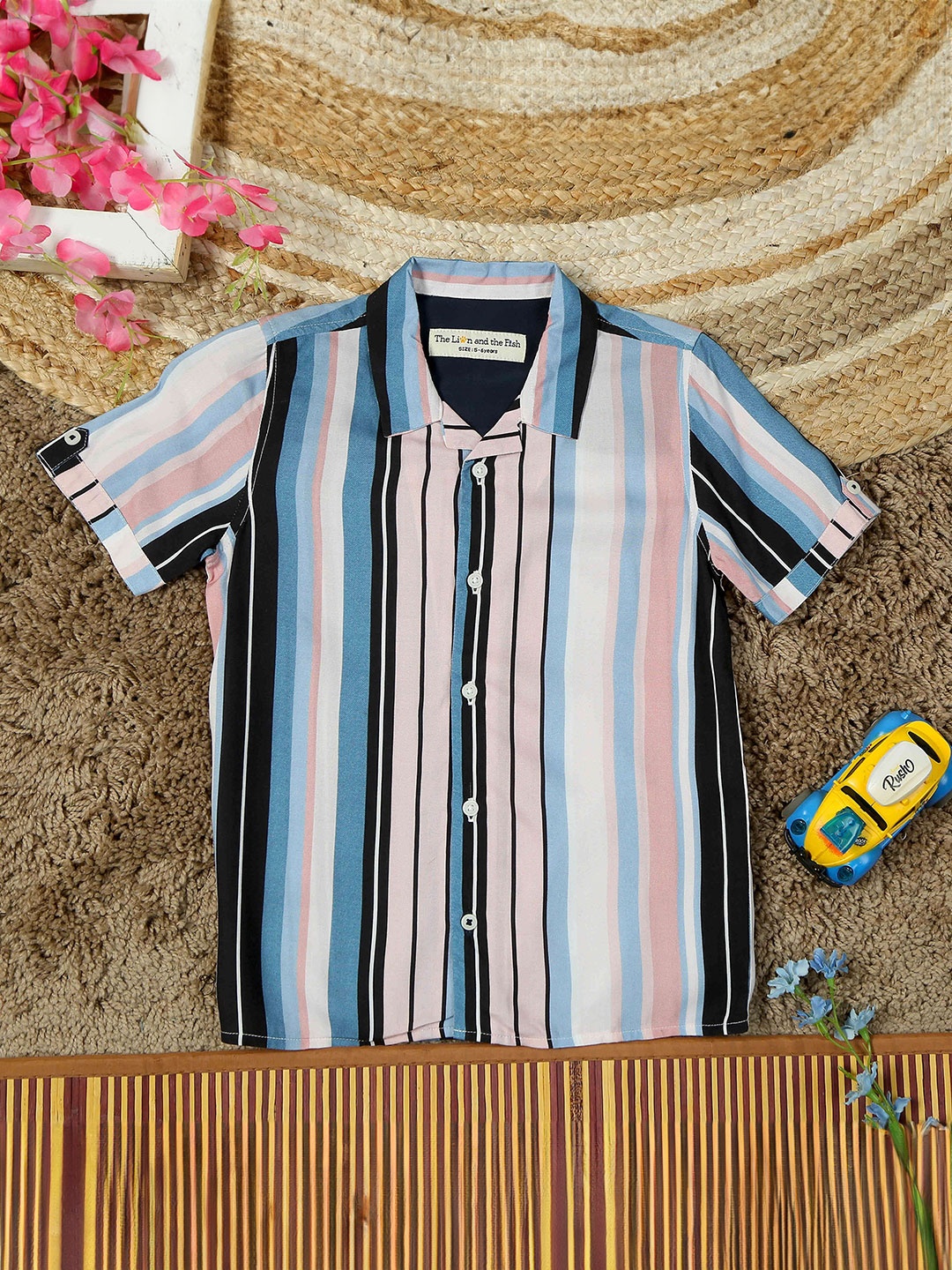 

The Lion and The Fish Boys Comfort Cuban Collar Vertical Striped Relaxed Fit Casual Shirt, Pink