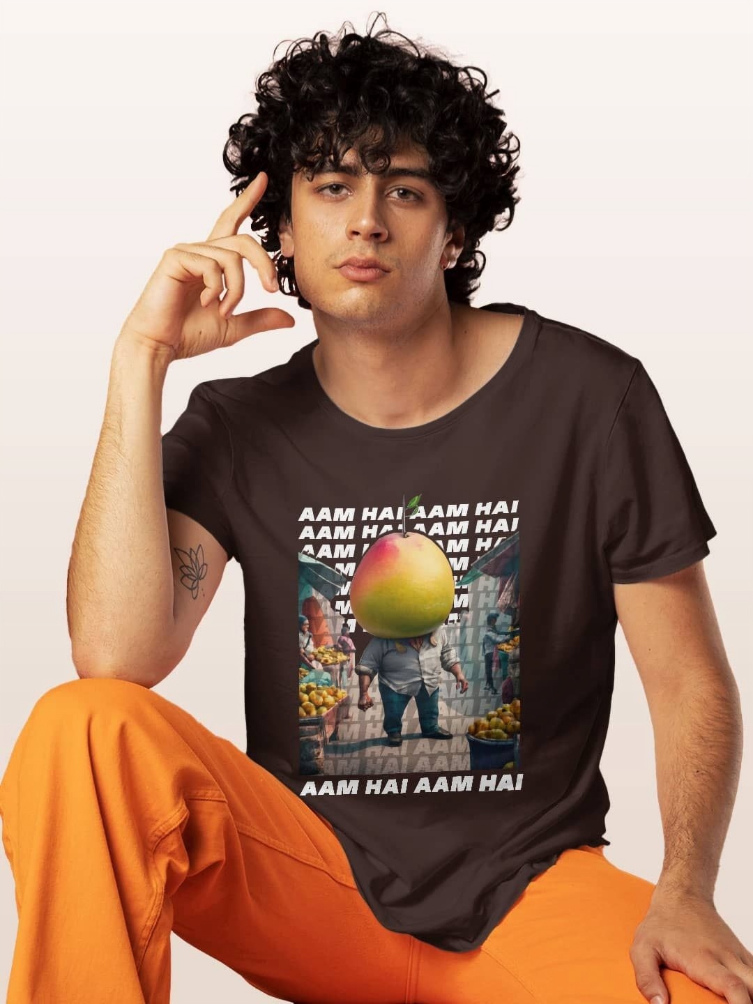 

macmerise Men Printed V-Neck Raw Edge T-shirt, Brown