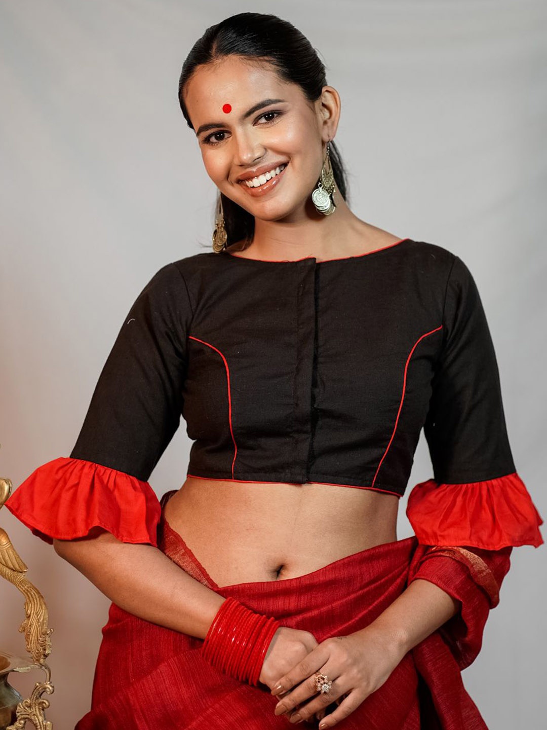 

THE SAFFRON SAGA Embroidered Cotton Saree Blouse, Black