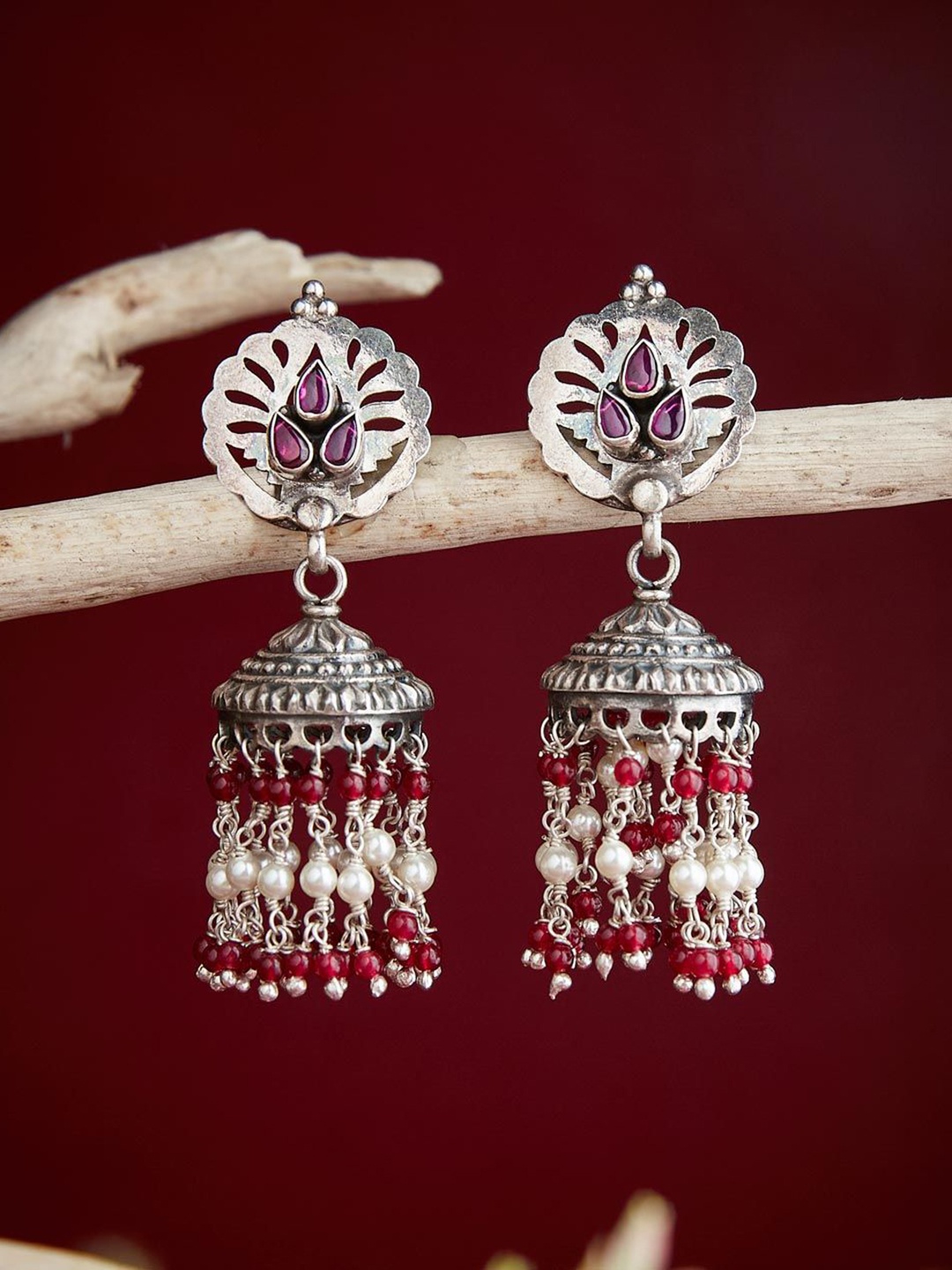 

Fabindia Stone-Studded & Beaded Dome Shaped Jhumkas, Silver