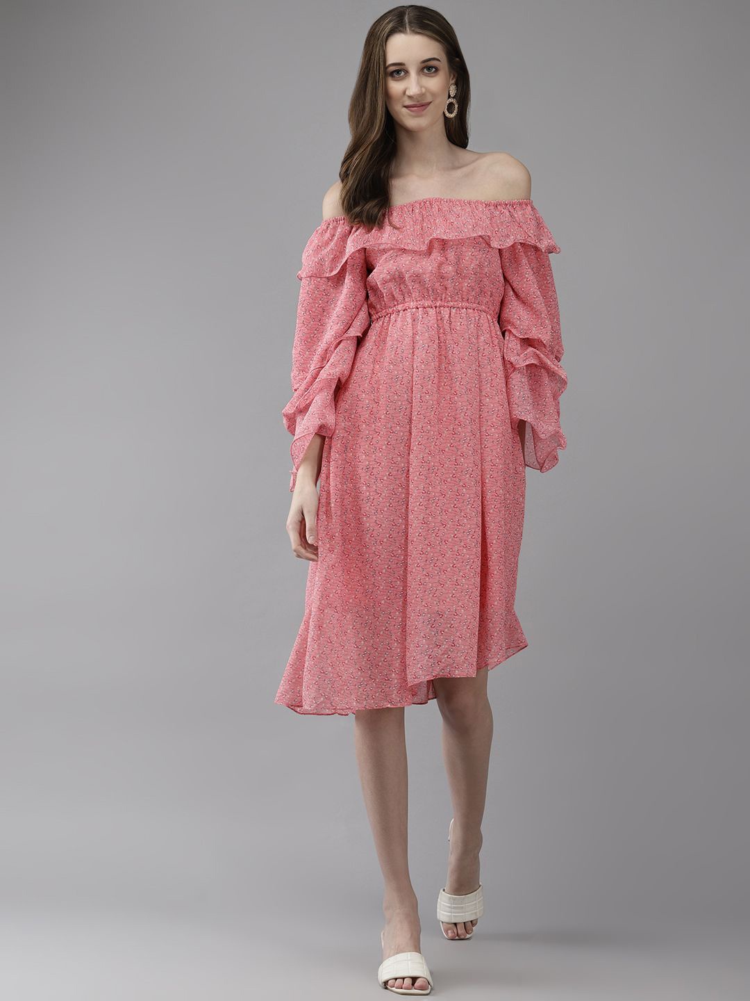 

BAESD Printed Georgette A-Line Dress, Pink