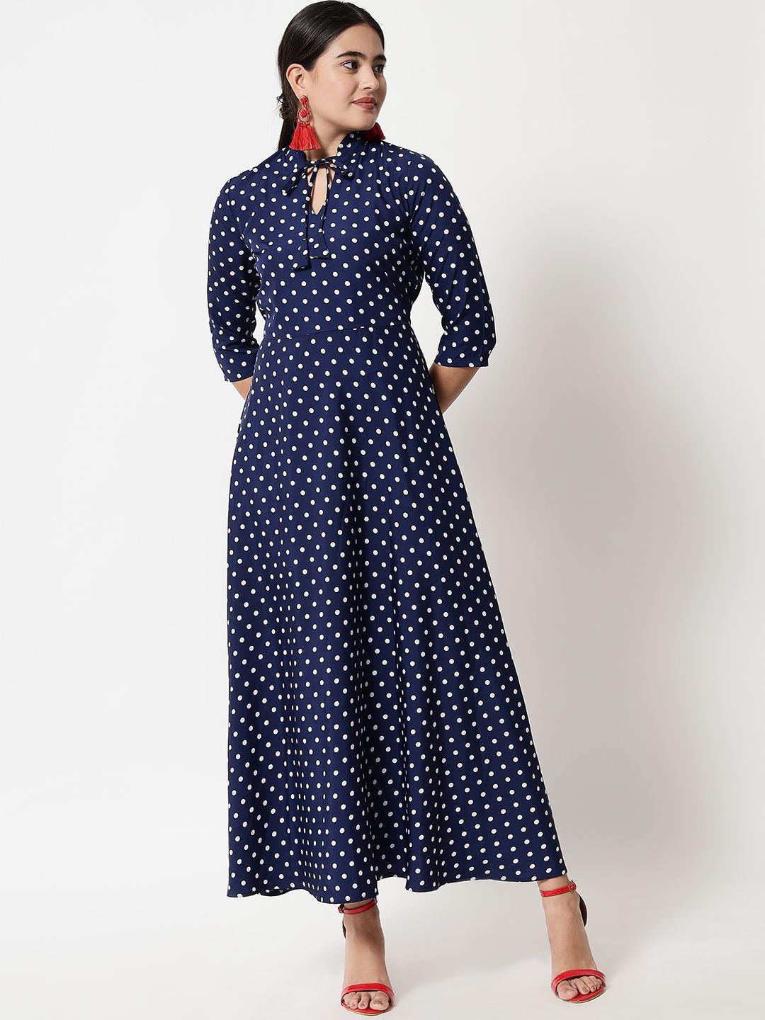 

Yaadleen Polka Dot Printed Tie-Up Neck Maxi Dress, Navy blue