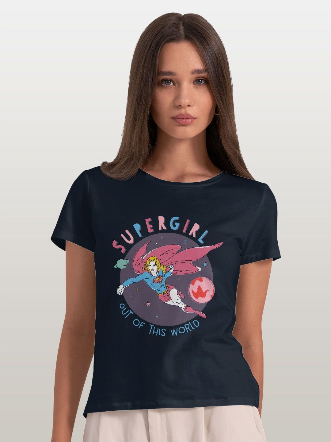 

macmerise Women Printed Extended Sleeves Applique T-shirt, Navy blue
