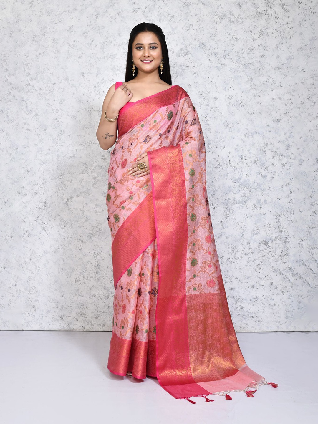

SPRISH Floral Woven Design Pure Silk Saree, Pink