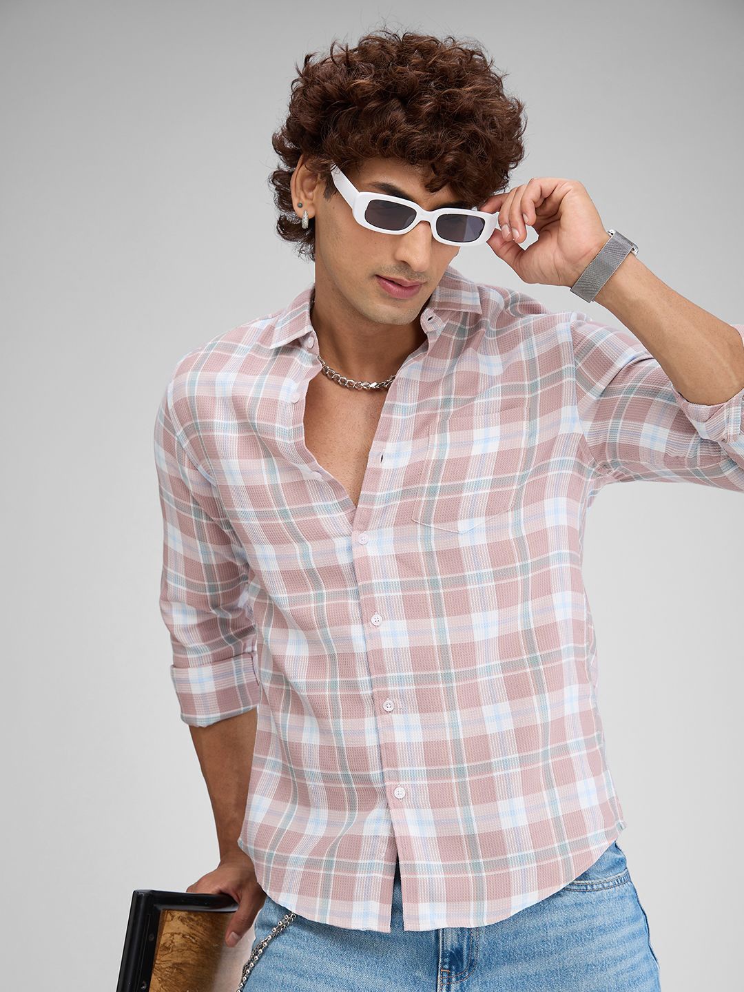 

VASTRADO Classic Slim Fit Tartan Dupplin Checked Waffle Cotton Casual Shirt, Peach