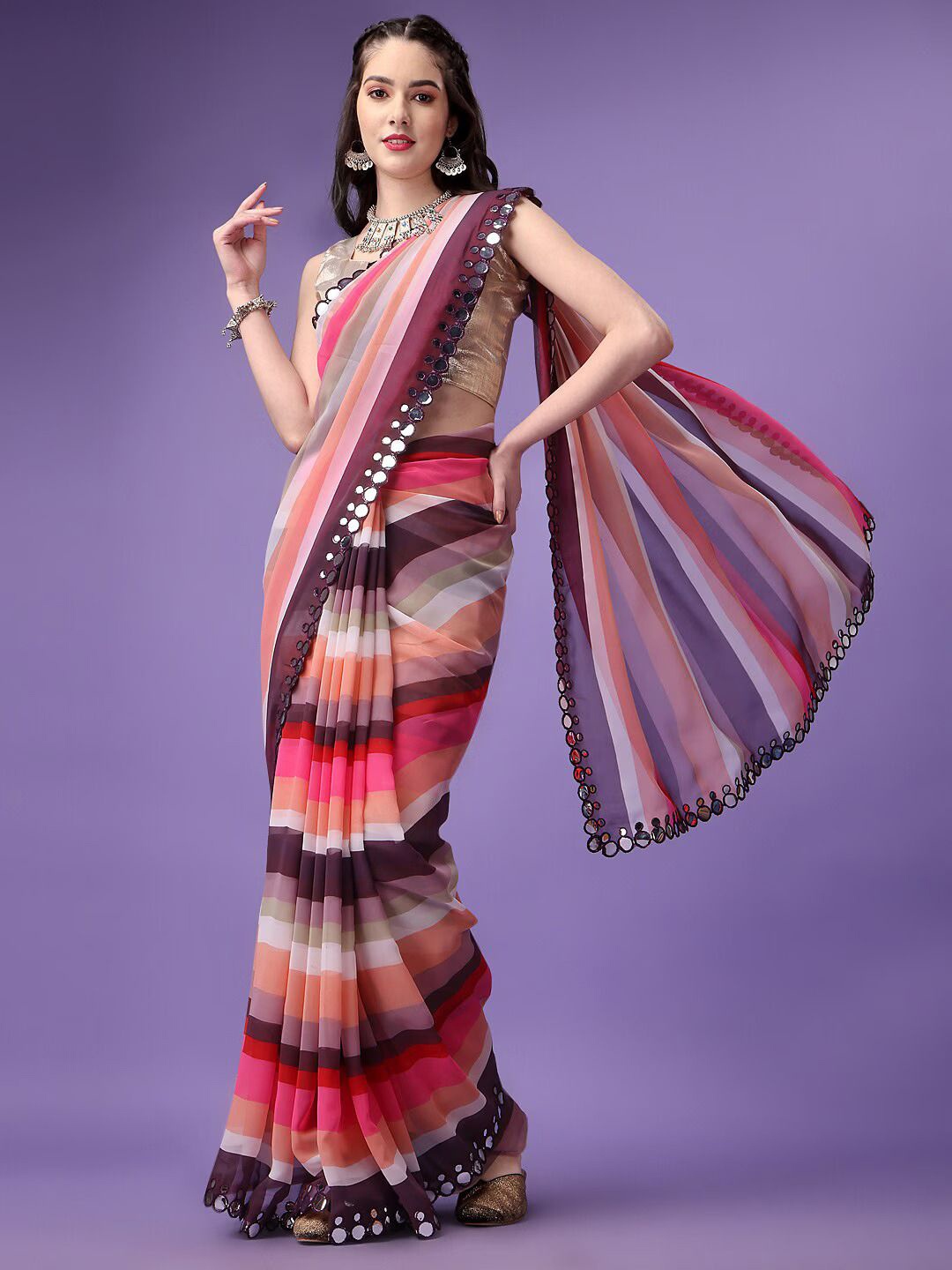 

QVAZOR Striped Mirror Work Pure Georgette Saree, Pink