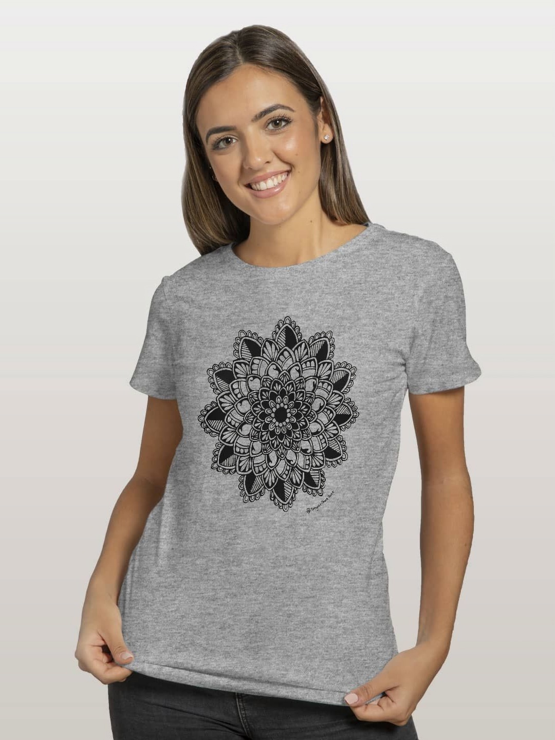 

macmerise Women Floral Printed Applique T-shirt, Grey