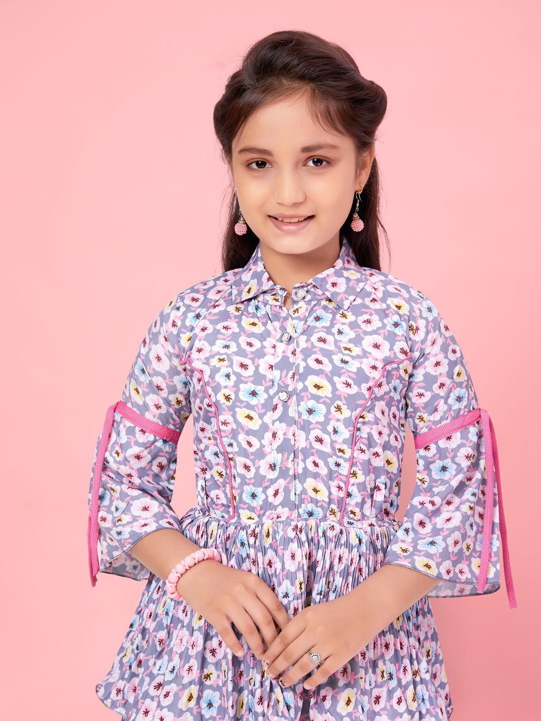 

BAESD Girls Floral Print Flared Sleeve Shirt Maxi Layered Dress, Purple