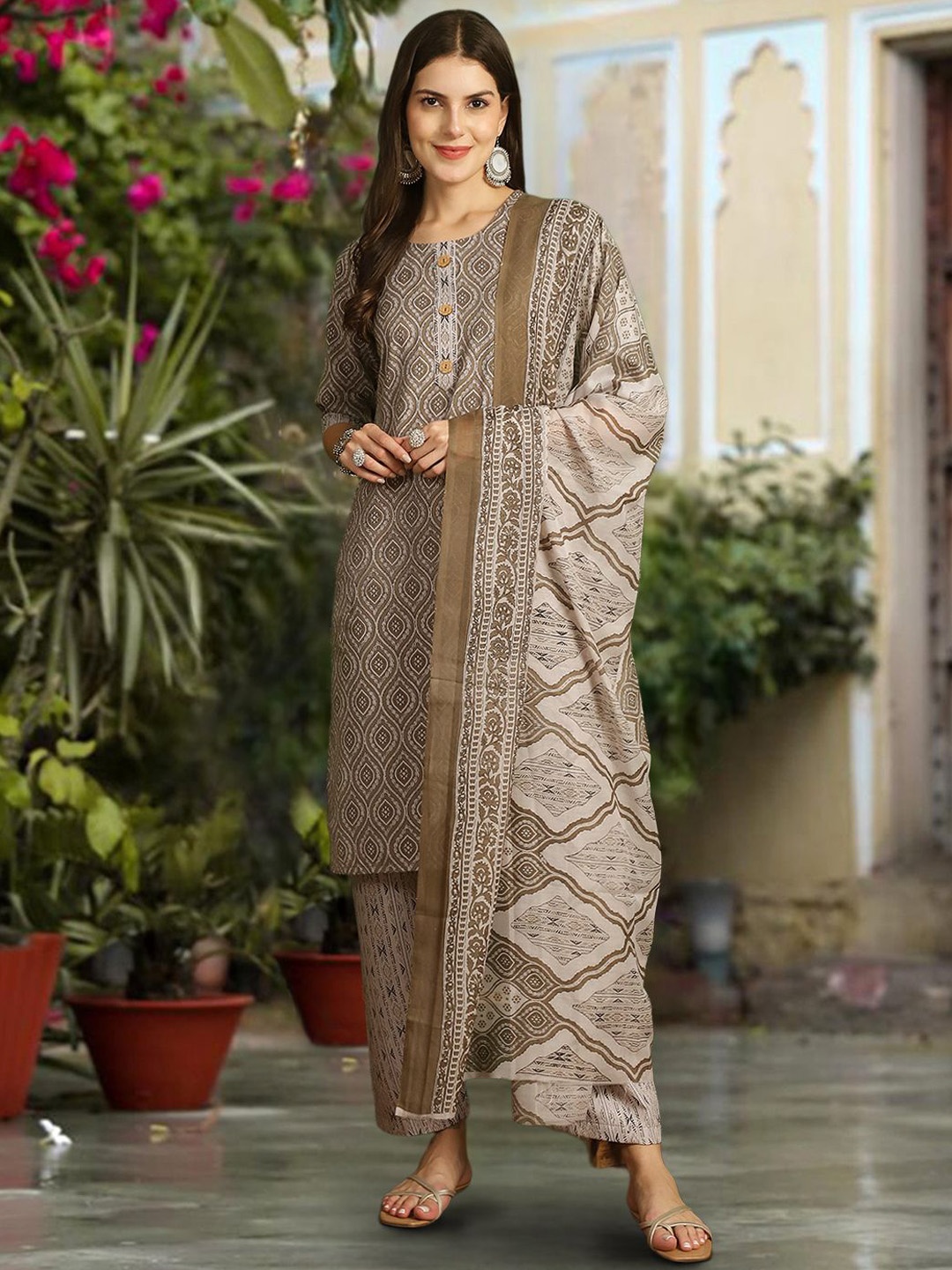 

1 Stop Fashion Ethnic Motifs Printed Pure Cotton Straight Kurta With Trousers & Dupatta, Grey melange