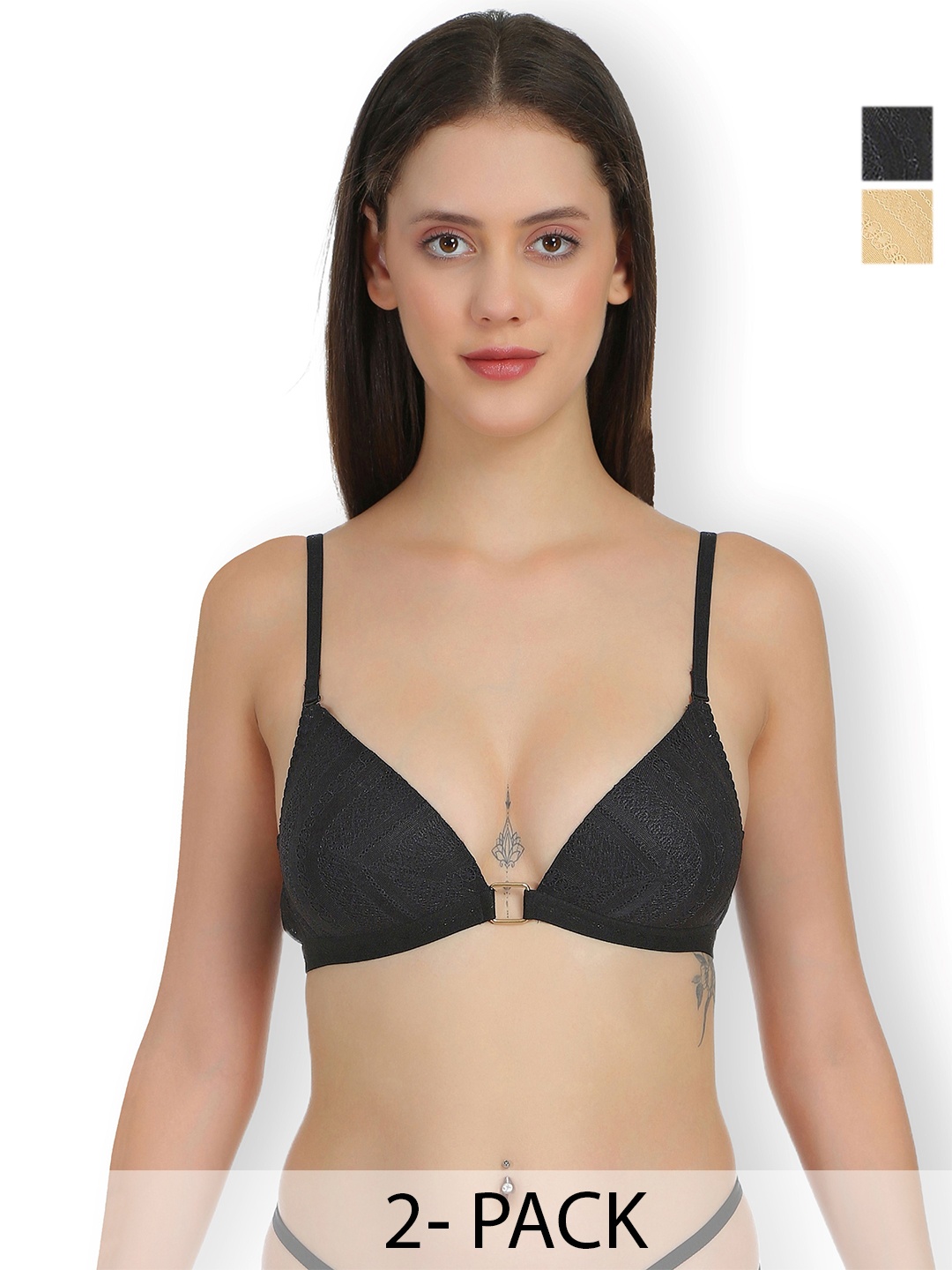 

SELFCARE Pack of 2 Net Embroided Half Coverage Plunge Bra, Black