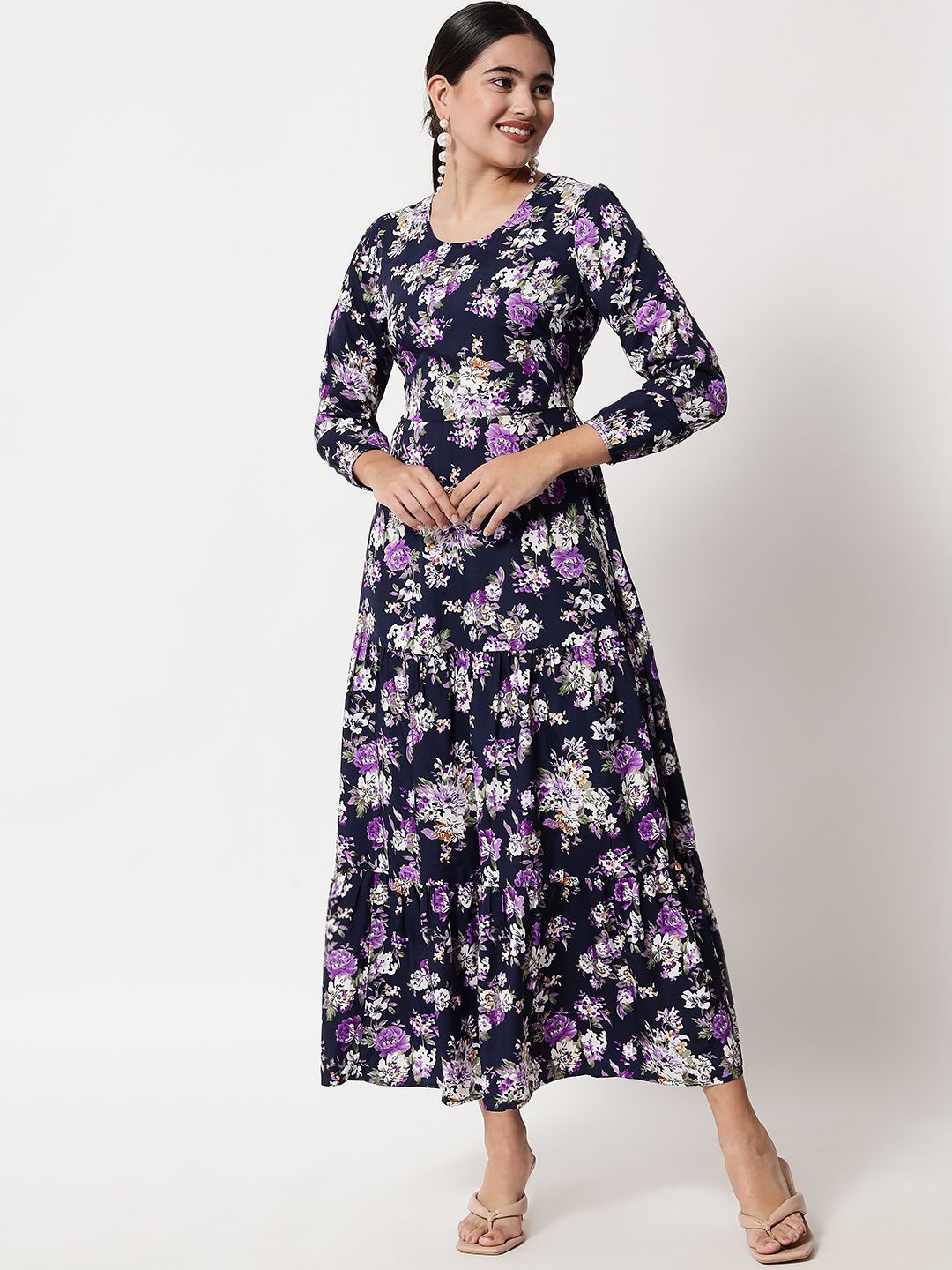 

Yaadleen Fit & Flared Tiered Midi Dress, Navy blue