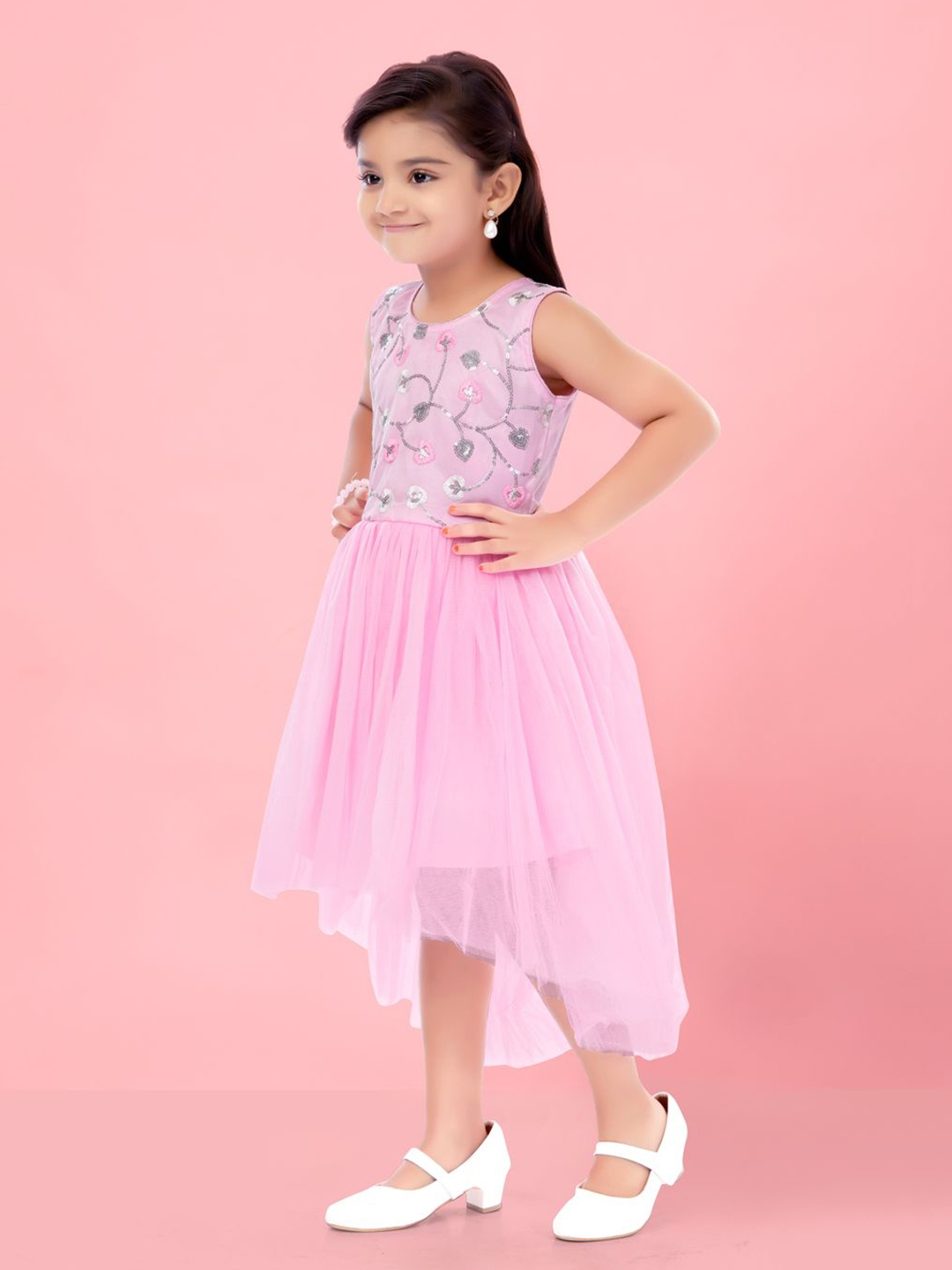 

BAESD Girls Floral Embellished Sequined Net Fit & Flare Midi Dress, Pink