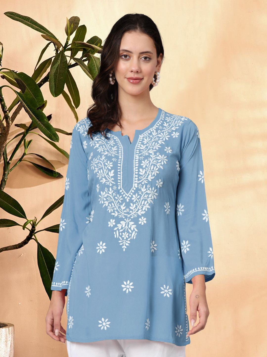 

PARAMOUNT CHIKAN Women Embroidered Lucknowi Chikankari Modal Denim Kurti, Blue