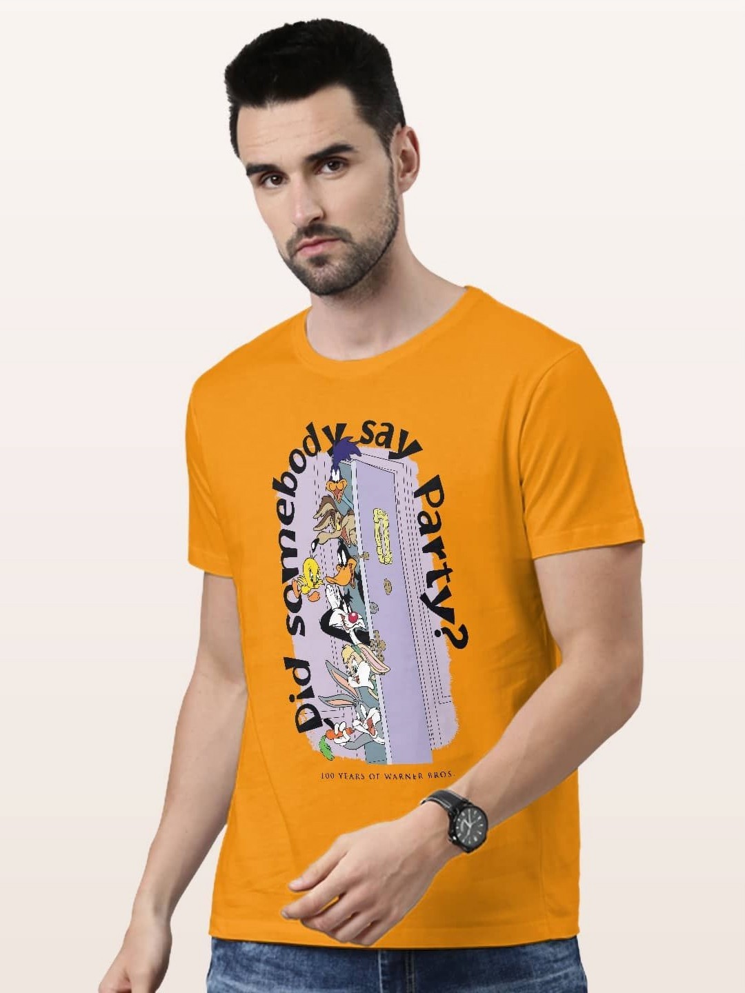 

macmerise Men Printed V-Neck Extended Sleeves Raw Edge T-shirt, Yellow