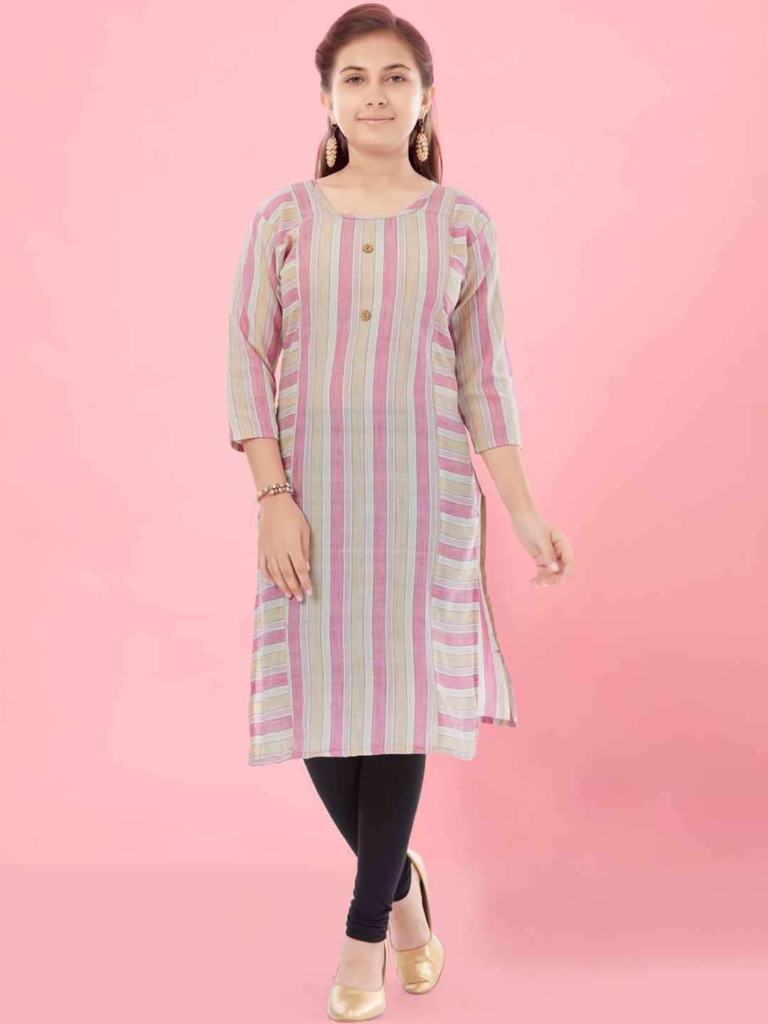

BAESD Girls Striped Round Neck Cotton Straight Kurta, Pink