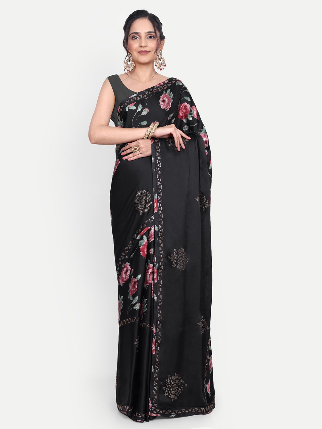 

LTS Label Tripti Saxena Floral Beads and Stones Satin Saree, Black