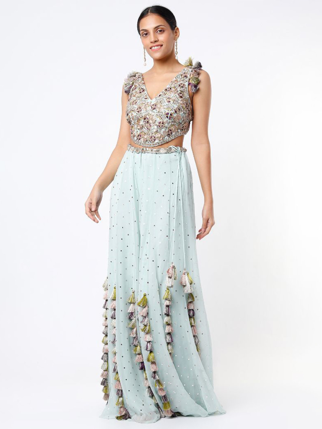 

Payal Singhal Embroidered Sleeveless Top & Flared Saharara Co-Ords, Blue